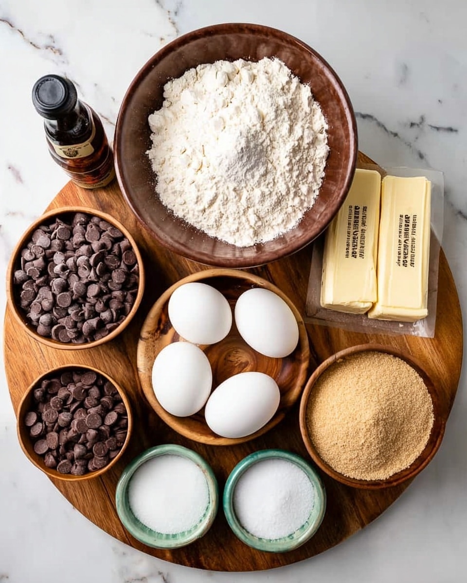 The image shows a round wooden board placed on a white marbled surface, holding nine groups of baking ingredients. In the top center, there is a large brown bowl filled with white flour with a small circle pressed in the middle. To the right of the bowl, two rectangular wrapped sticks of butter are stacked on the board. Below the butter, a round wooden bowl is filled with white granulated sugar. Below the sugar, a white bowl contains light brown brown sugar with a smooth texture. To the left of the brown sugar, a round wooden bowl is filled with a mix of dark and light chocolate chips. Above the chocolate chips, two white eggs sit on the board next to a dark brown bottle of vanilla extract. To the left of the eggs, three small white and green bowls hold white baking soda, salt, and baking powder arranged from top to bottom. The scene is brightly lit and clear, photo taken with an iphone --ar 4:5 --v 7