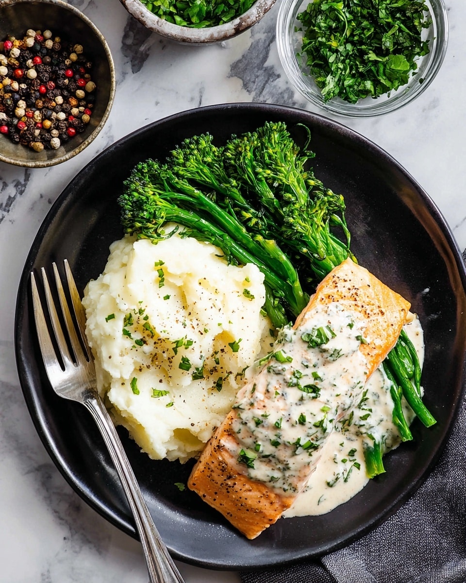 The dish is on a round black plate with three main parts: bright green broccolini on the top right, soft white mashed potatoes sprinkled with black pepper and herbs on the left side, and a light brown salmon fillet with a creamy white herb sauce covering half on the bottom right. The salmon has a slightly crispy texture and is garnished with finely chopped green herbs. A silver fork is placed above the salmon, touching the mashed potatoes and broccolini. The plate is set on a white marbled surface with a small bowl of mixed peppercorns and another bowl of chopped green herbs nearby. Photo taken with an iphone --ar 4:5 --v 7