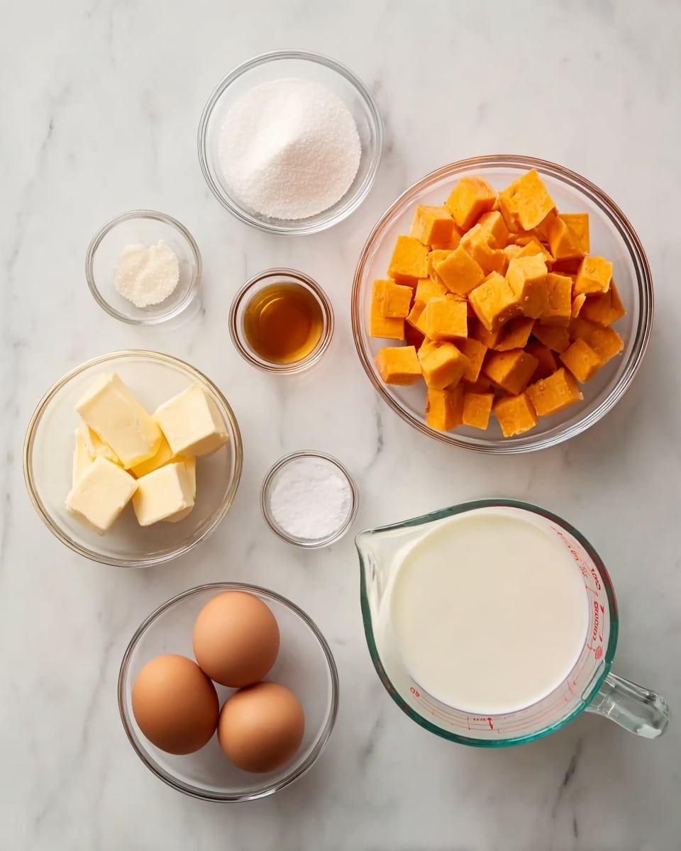 The image shows seven clear glass bowls and a measuring cup arranged on a white marbled surface. In the largest bowl on the right, there are many small orange cubes stacked, showing a rough texture. Below it, a small bowl holds two brown eggs with smooth shells. To the left of the eggs, a tiny bowl contains golden yellow solid butter blocks with a soft texture. Above the butter, a small bowl filled with white granulated sugar sits next to a very small bowl with light brown liquid, likely vanilla extract. Further up, a small bowl with white coarse salt is visible near a clear measuring cup filled halfway with white milk, the cup having red measurement markings. Everything is arranged neatly with soft natural light. photo taken with an iphone --ar 4:5 --v 7