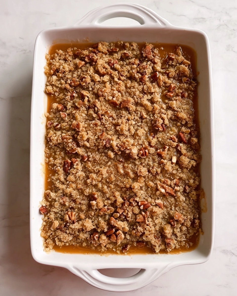 A white rectangular casserole dish with two handles is filled with a mostly even layer of crumbly golden brown topping mixed with small pieces of pecans, giving a rough texture on the surface. The topping has a slightly shiny, syrupy look, showing moist spots beneath the crumbly layer. The dish sits on a white marbled surface. photo taken with an iphone --ar 4:5 --v 7