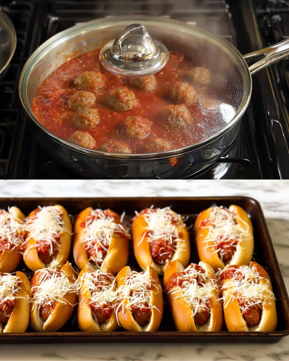 The image shows a pan with a glass lid on a stove, inside the pan you can see partially visible meatballs cooking in red tomato sauce, steam and condensation cover the inside of the glass lid, slightly blurring the view of the food inside, the pan has a shiny metal handle and sits on a black stove. The second image shows eight hot dog buns arranged in two rows on a dark metal baking tray, each hot dog bun is filled with visible round meatballs covered in red tomato sauce, four of the buns are topped with shredded white cheese while the other four are without cheese, the buns are light golden brown and soft looking. The background is a white marbled texture photo taken with an iphone --ar 4:5 --v 7