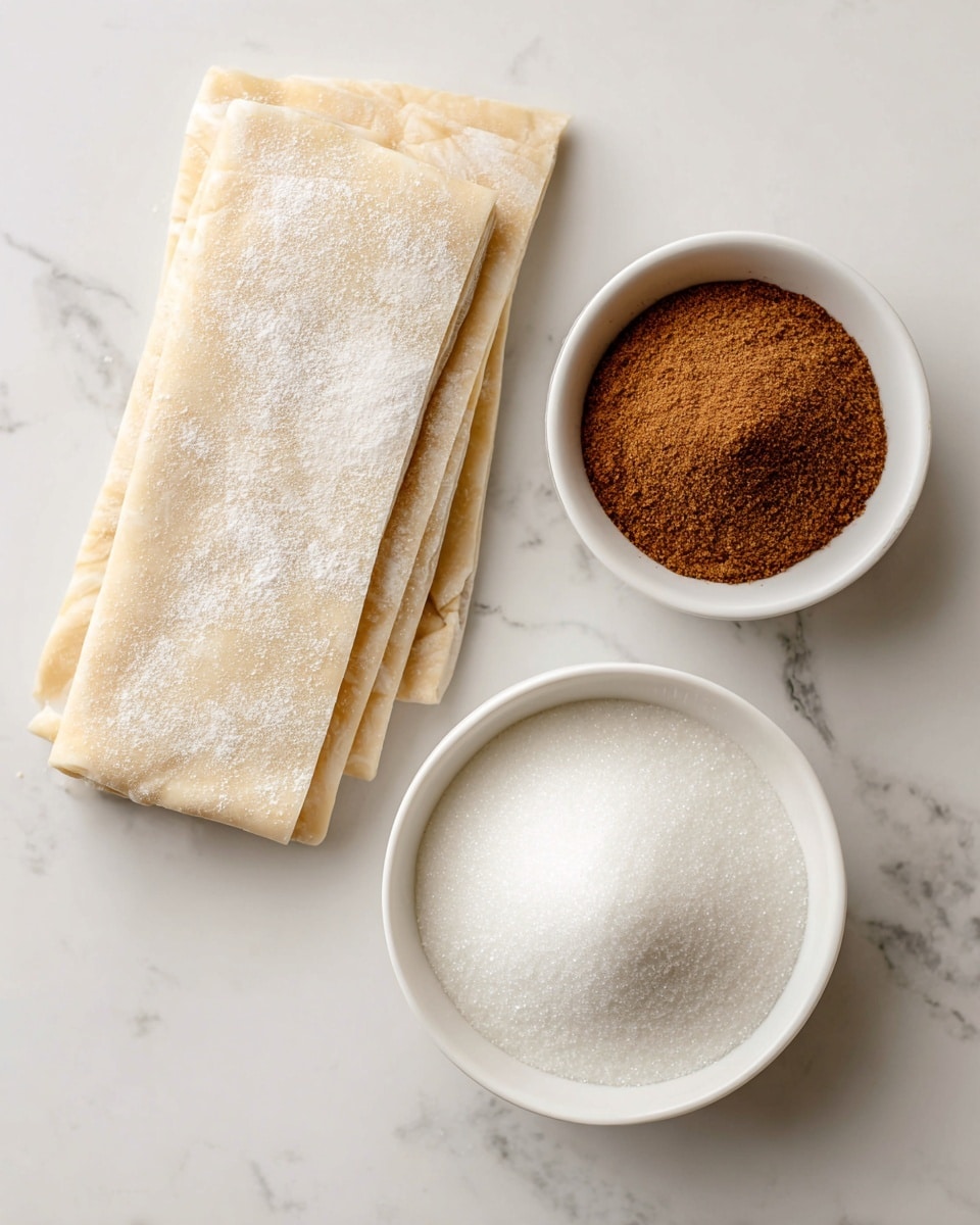 The image shows three items on a white marbled surface: on the left, there is a stack of rectangular puff pastry sheets with a light dusting of flour, slightly uneven in thickness; on the top right, a small white bowl filled with ground cinnamon, showing a rich brown powder with a textured surface; below the cinnamon, there is a larger white bowl filled with granulated sugar, white and fine-textured, filling the bowl nearly to the top, the bowls and pastry are arranged neatly with some space between them photo taken with an iphone --ar 4:5 --v 7