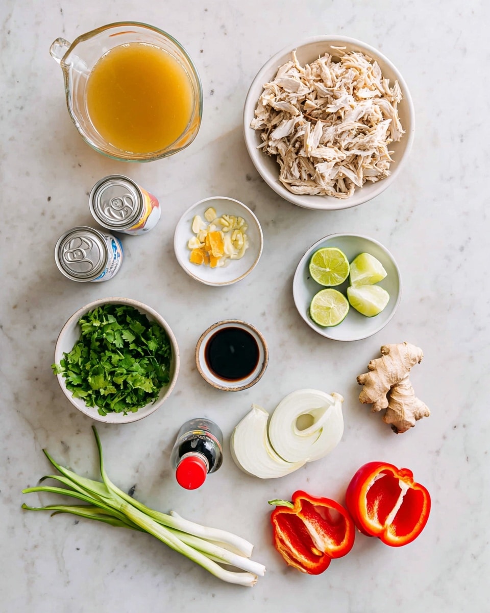 The image shows a flat lay of various fresh ingredients arranged neatly on a white marbled surface. From top left, there is a clear glass measuring cup filled with golden broth, next to a white bowl filled with shredded light brown cooked chicken. Below are two small open cans of coconut milk, a small bottle of dark soy sauce with a bright red cap, and a small bowl of chopped light yellow garlic. Moving right, half a white onion sits next to a small white bowl holding fresh green cilantro and lime wedges, and a small glass finished with a light liquid. At the bottom, green onions with white tips lie next to a small white dish of sliced white mushrooms and two pieces of fresh beige ginger root. Closest to the right edge are two halves of a bright red bell pepper showing their seeds and texture inside. The overall color palette is fresh, bright, and natural. Photo taken with an iphone --ar 4:5 --v 7