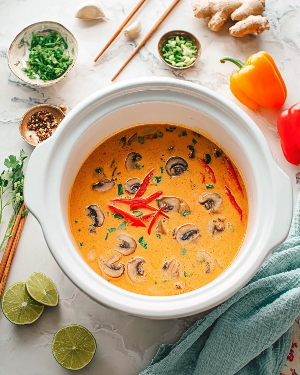 A white bowl filled with a creamy orange soup with visible round slices of mushrooms, thin red pepper strips, and small green herb pieces scattered on top. Around the bowl are fresh ingredients including two lime halves, a small bunch of ginger, a halved orange bell pepper, a halved onion, chopped green onions and lime wedges in a small white bowl, and some green herbs on a white marbled surface. The setting includes a light blue cloth with wooden chopsticks resting on it and small dishes with seasonings nearby. Photo taken with an iphone --ar 4:5 --v 7