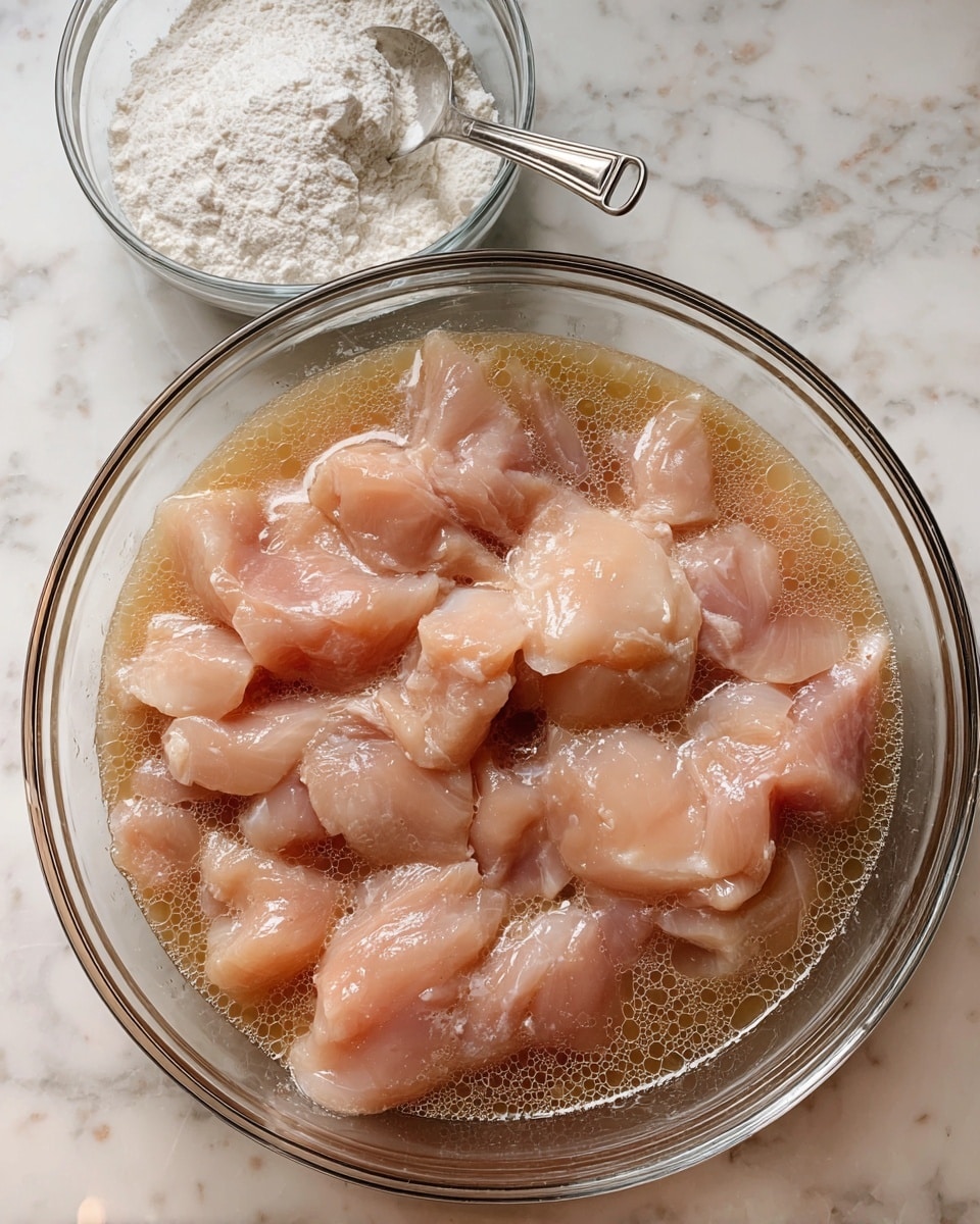 A clear glass bowl filled with raw, pale pink chicken pieces soaking in a light brown liquid marinade, showing a glossy texture and small bubbles on the surface; behind the bowl, there is a small glass bowl of white powder, possibly flour, with a metal measuring spoon resting in it, all placed on a white marbled surface photo taken with an iphone --ar 4:5 --v 7