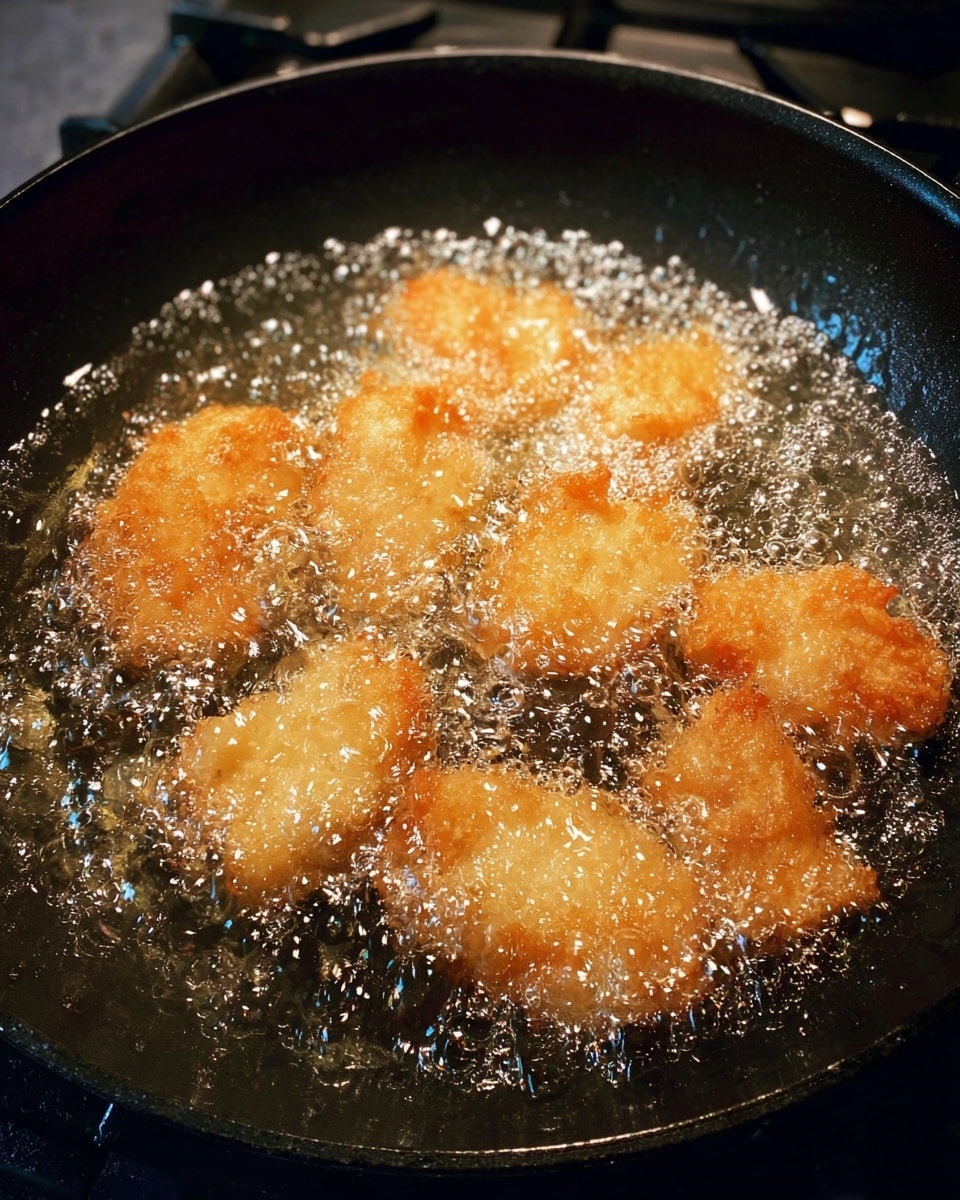 Several light golden pieces of battered food are deep frying in a large black pan filled with bubbling oil. The bubbling oil covers most of the pieces, showing some crispy edges in pale golden brown. The pan sits on a stove with a dark surface, visible only at the edges under the pan. The image captures the motion of hot frying oil with shiny, clear bubbles around the food pieces. photo taken with an iphone --ar 4:5 --v 7