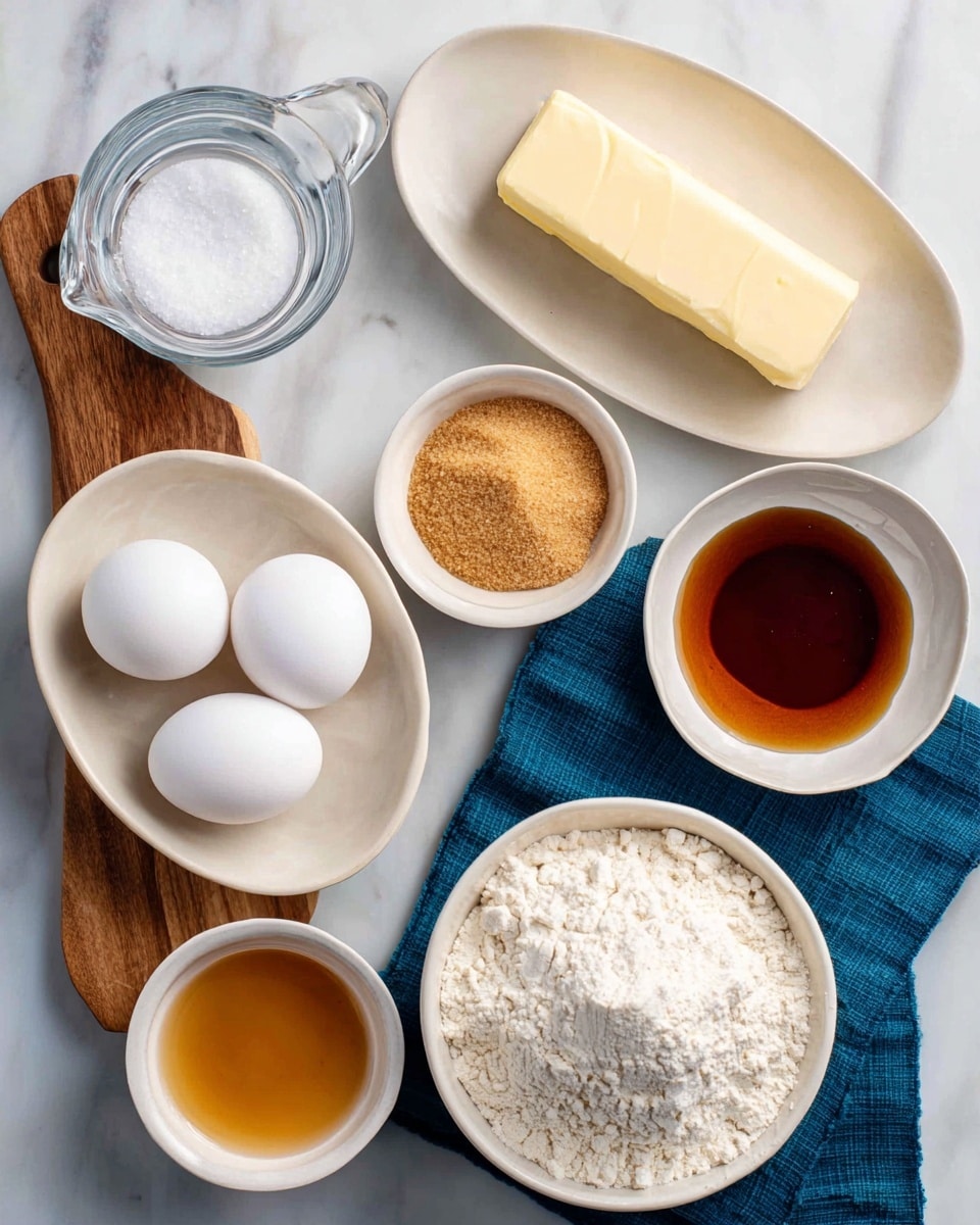 A top view of several baking ingredients arranged on a white marbled surface with a wooden texture visible under the items. There is a small white bowl of salt at the top left; next to it is a small clear glass pitcher filled with water. Below the pitcher is a white bowl holding three white eggs. Above the eggs is an oval white plate with a stick of yellow butter placed horizontally. To the right of the butter is a small white bowl filled with light brown sugar placed on a dark blue cloth. Below the brown sugar is a small white bowl with a golden-brown vanilla extract liquid. At the bottom right is a larger white bowl filled with white flour, also on the blue cloth. Each ingredient is clearly labeled with white handwritten text. Photo taken with an iphone --ar 4:5 --v 7