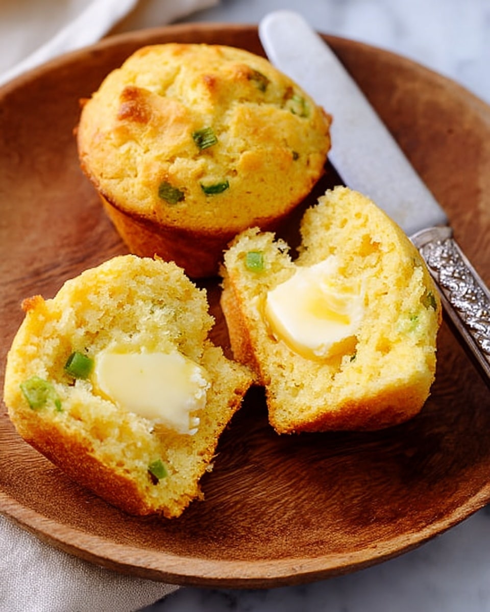 The image shows three cornbread muffins on a round white wooden plate placed on a white marbled surface. Two of the muffins are halved, revealing a soft and crumbly yellow texture inside with small green bits scattered throughout. Each halved muffin has a small layer of melted pale yellow butter in its center. The whole muffin has a golden-brown top with a slightly crispy texture and some green bits visible on the surface. There is a silver knife under the halved pieces with a detailed, patterned handle. photo taken with an iphone --ar 4:5 --v 7