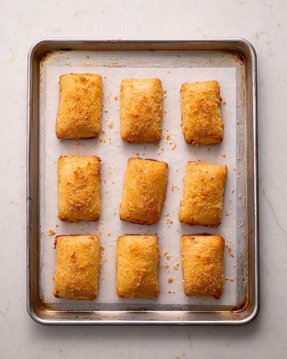 The image shows a metal baking tray with nine small, golden-brown rectangular baked pastries arranged in three rows of three. Each pastry has a lightly textured surface with small crumbs sprinkled on top, giving a slightly rough look. The tray is lined with white baking paper and sits on a white marbled surface. The pastries look crisp and evenly baked with a warm, inviting color. Photo taken with an iphone --ar 4:5 --v 7