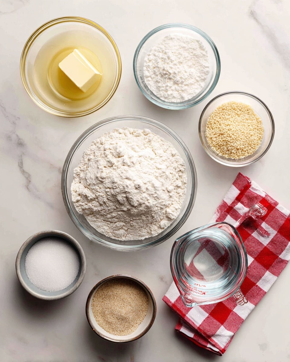 A top view of several clear glass bowls and a small metal cup arranged on a white marbled surface, each containing different baking ingredients. The largest bowl in the center is filled with white bread flour with a slightly textured surface. To its top left is a smaller bowl holding melted butter with a smooth, creamy yellow liquid. Above the flour on the right side, a small glass bowl contains light tan yeast granules, and next to it is a small metal cup with white salt. Below the flour to the left is a small bowl filled with white granulated sugar. Near the sugar, there is an even smaller bowl with light brown garlic powder. To the bottom right, a Pyrex measuring cup filled with clear water sits with a red and white checkered cloth nearby. Each ingredient is labeled with bold black text on white rectangles. photo taken with an iphone --ar 4:5 --v 7