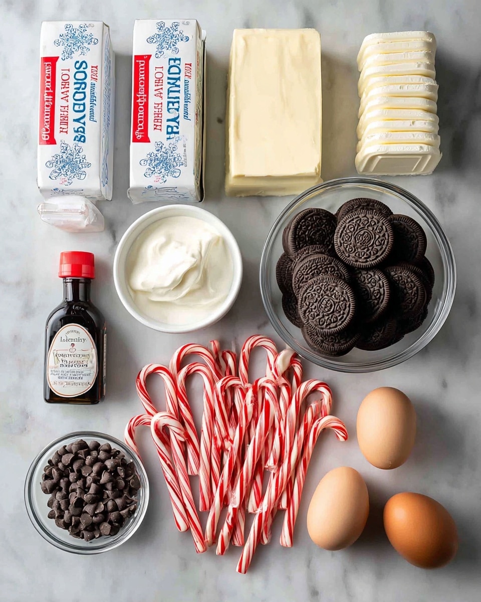 The image shows a neat arrangement of baking ingredients on a white marbled surface. In the top left, there are two boxes of white chocolate baking bars, with a small stick of butter below. Next to these are three blocks of cream cheese stacked vertically. To the right, there's a clear glass bowl full of chocolate sandwich cookies. Below the cookies, a white container of sour cream stands beside a small dark bottle of vanilla extract. In the center, several red and white striped candy canes are spread out in a flower shape. Below them, a small glass bowl filled with mini chocolate chips sits close to a bottle of peppermint extract with a red cap. Two brown eggs rest at the bottom right corner. All items are placed cleanly and clearly on the white marbled surface, photo taken with an iphone --ar 4:5 --v 7