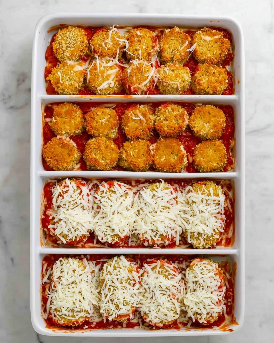 A white rectangular dish is shown in six steps of layering a baked dish. First, a layer of red sauce with a thick texture is spread over the bottom of the dish, uneven and streaky. Next, a single layer of golden brown, crumb-coated round slices is placed, covering the base evenly with a slightly crispy texture. Then another layer of the same red sauce is drizzled over the round slices in wide lines. On top, another full layer of the crumb-coated round slices is arranged tightly, golden and crunchy looking. Following this, the same red sauce is spread again in thick red streaks over the round slices. Finally, the top layer is thickly covered with grated white cheese, with some red sauce lines peeking through. The dish is placed on a white marbled surface. Photo taken with an iphone --ar 4:5 --v 7