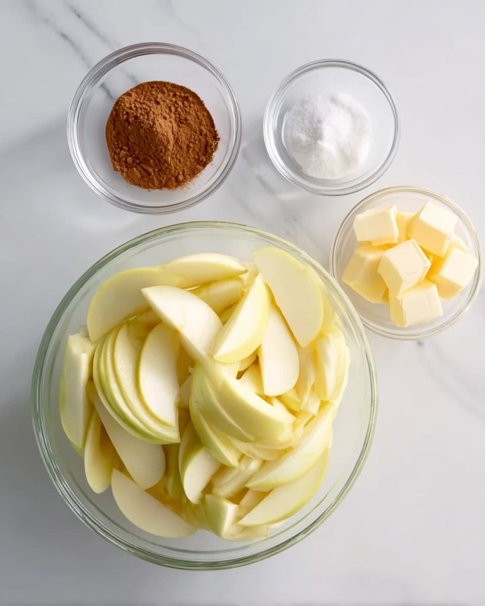 A clear glass bowl filled with many thin, creamy pale yellow slices of peeled apple layered loosely on a white marbled surface. To the top right are three small clear glass bowls arranged in a triangle: the top one holds a pile of brown cinnamon powder, the right one contains white granulated sugar, and the bottom one is filled with several pale yellow cubes of butter. Photo taken with an iphone --ar 4:5 --v 7
