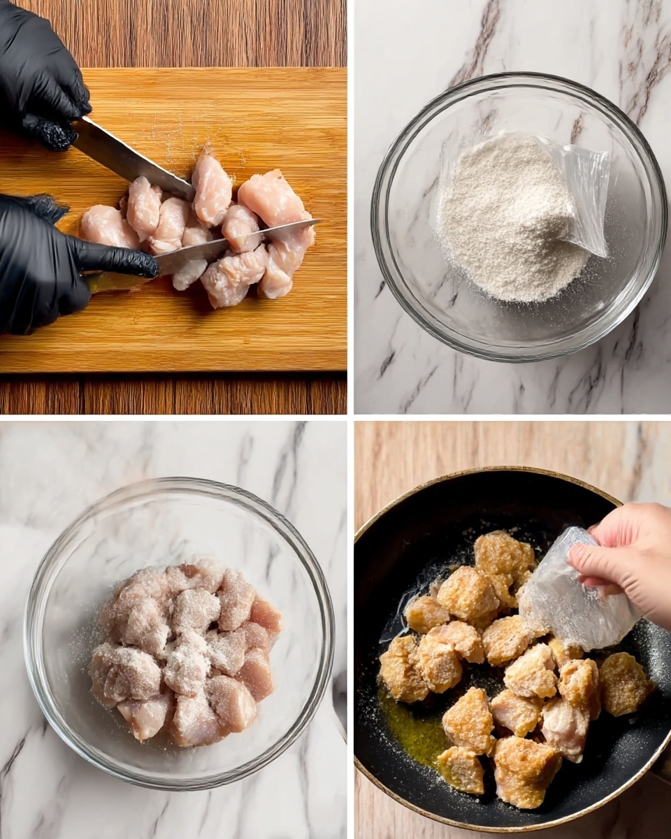 The first image shows small pieces of raw, pale pink chicken on a wooden board, with a woman's hand holding a knife and a black-gloved hand steadying the chicken. The second image shows a clear glass bowl on the same wooden surface with white starch powder being poured in, with a woman's hand holding the packet. The third image shows golden brown chicken pieces cooking in a black frying pan with oil, their surfaces textured and slightly crisped. The background in all images is a white marbled texture. photo taken with an iphone --ar 4:5 --v 7