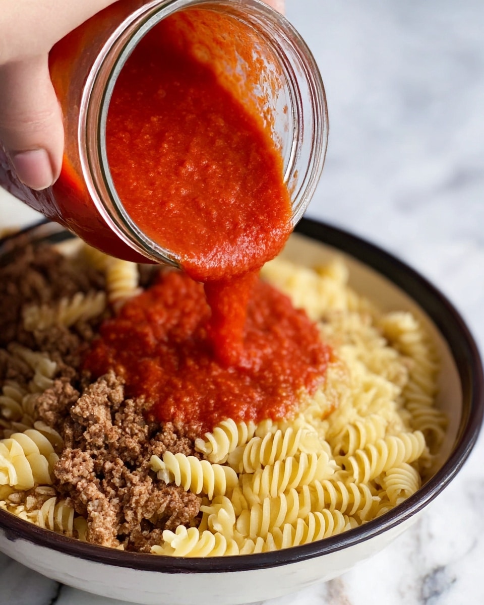 The image shows a close-up of a dish with three layers. The bottom layer consists of browned ground meat with a crumbly texture, spread evenly in a white bowl edged with a dark rim. On top of the meat, there is a middle layer of cooked spiral pasta, pale yellow in color and tightly coiled. A woman's hand is pouring a thick, bright red tomato sauce from a clear glass jar onto the pasta, the sauce looking smooth but slightly chunky. The scene is set on a white marbled surface. photo taken with an iphone --ar 4:5 --v 7