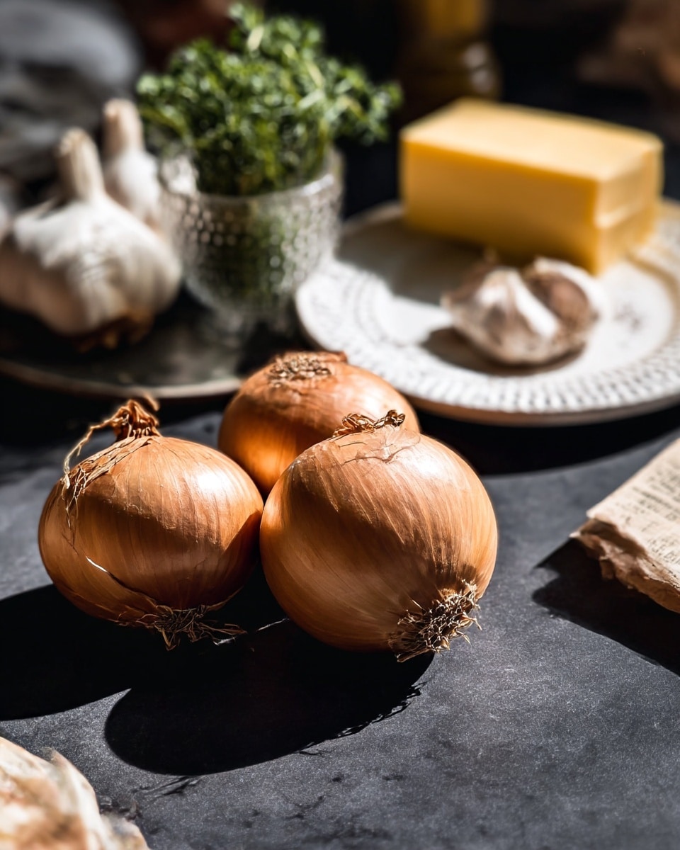 The image shows three brown onions placed close together on a dark surface, with their papery skin and root ends clearly visible, casting soft shadows beneath them. In the background, there are blurred garlic bulbs, a small white plate with a textured edge holding a clear glass cup filled with fresh green herbs, and a block of yellow butter. The whole scene rests on a white marbled texture, giving a clean and bright look, with sunlight creating warm highlights and shadows. Photo taken with an iphone --ar 4:5 --v 7