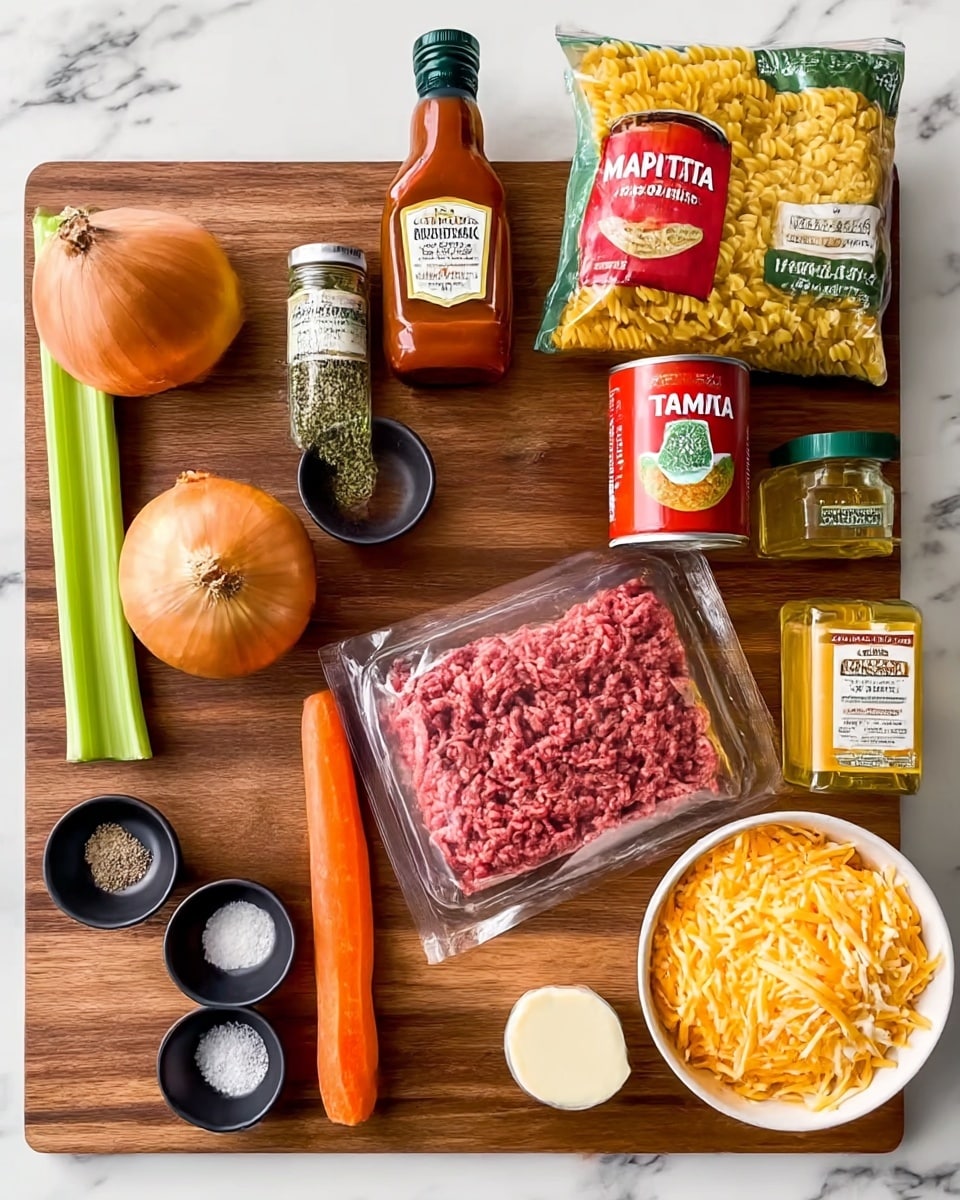 The image shows ingredients arranged neatly on a wooden board with a white marbled surface underneath. There is a clear plastic pack of ground beef in the center. To the left of it, there is a whole onion, a celery stick, a carrot, two small black bowls with salt and pepper, and a small jar labeled oregano. Above these, there is a bottle of Worcestershire sauce and a bag of macaroni pasta. To the right of the beef, there are two cans of tomato sauce, a tube of tomato puree, a small bottle of olive oil, and a small jar of cream. On the far right is a white bowl filled with shredded cheese, with a white marbled background behind everything visible photo taken with an iphone --ar 4:5 --v 7
