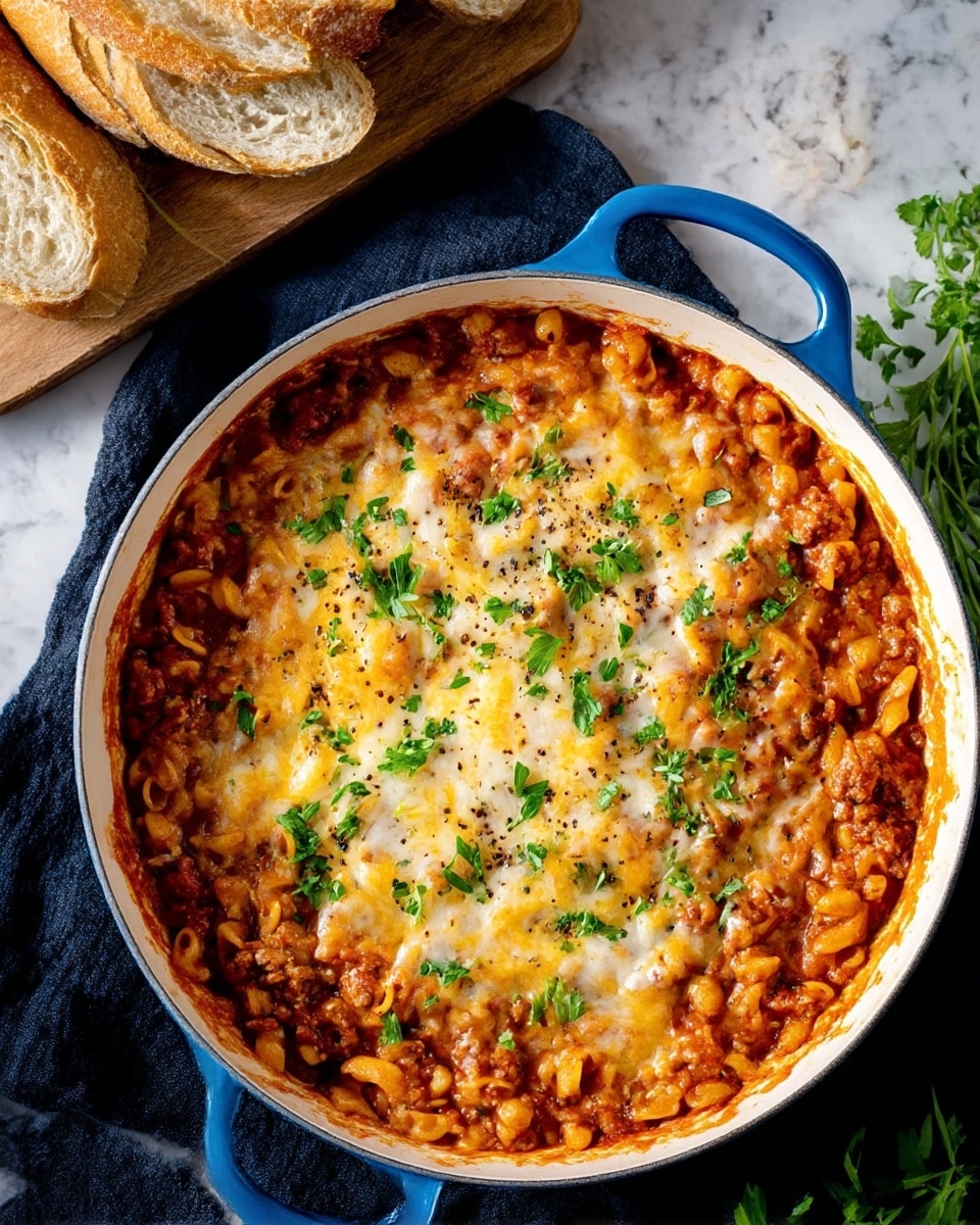 A round white pan with blue handles filled with a cooked pasta dish showing about three layers: a bottom layer of thick red meat sauce with visible small pasta shapes cooked into it, a middle layer of melted yellow and white cheese unevenly spread over the sauce, and a top layer sprinkled with fresh green parsley pieces and black pepper. The pan sits on a dark cloth with some green herbs in the top right corner and slices of light crusty bread on a wooden board in the top left, all placed on a white marbled surface photo taken with an iphone --ar 4:5 --v 7