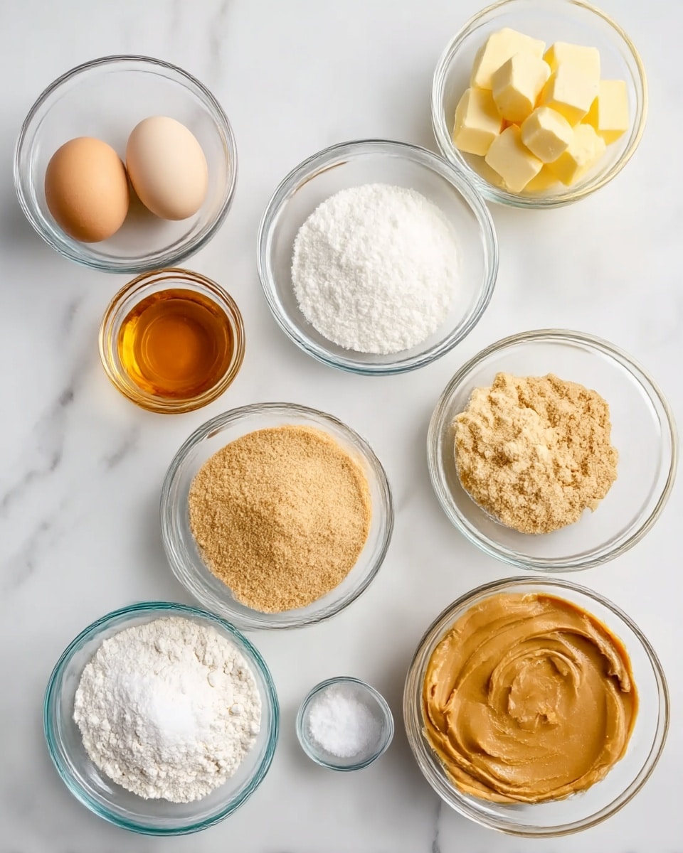 The image shows nine clear glass bowls arranged neatly on a white marbled surface. Starting from the top left, there is a bowl with two whole raw eggs, a small bowl with a golden brown liquid, a bowl filled with white granulated sugar at the far top center, and a bowl holding cubes of pale yellow butter at the top right. Below, from left to right, there is a small bowl of white baking soda, a larger bowl containing light brown sugar with a sandy texture, and a bowl filled with smooth peanut butter. At the bottom left, there is a bowl filled with white flour, and to the right of that, a small bowl with fine white salt. All bowls are round and transparent, showing the varied colors and textures of the ingredients inside. The photo is taken with an iphone --ar 4:5 --v 7