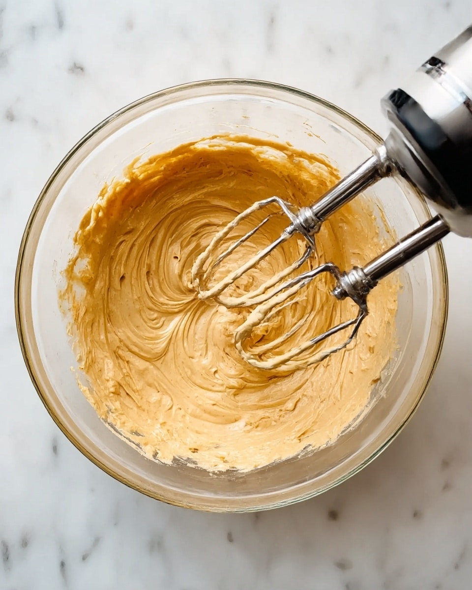 A clear glass bowl filled with a creamy, light brown mixture being stirred by an electric hand mixer with two silver beaters, the mixture having a smooth and thick texture with swirls showing the mixing motion, all placed on a white marbled surface, photo taken with an iphone --ar 4:5 --v 7