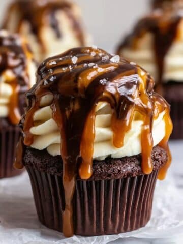 Chocolate Caramel Cupcakes with Caramel Buttercream and Chocolate Ganache Drizzle Recipe