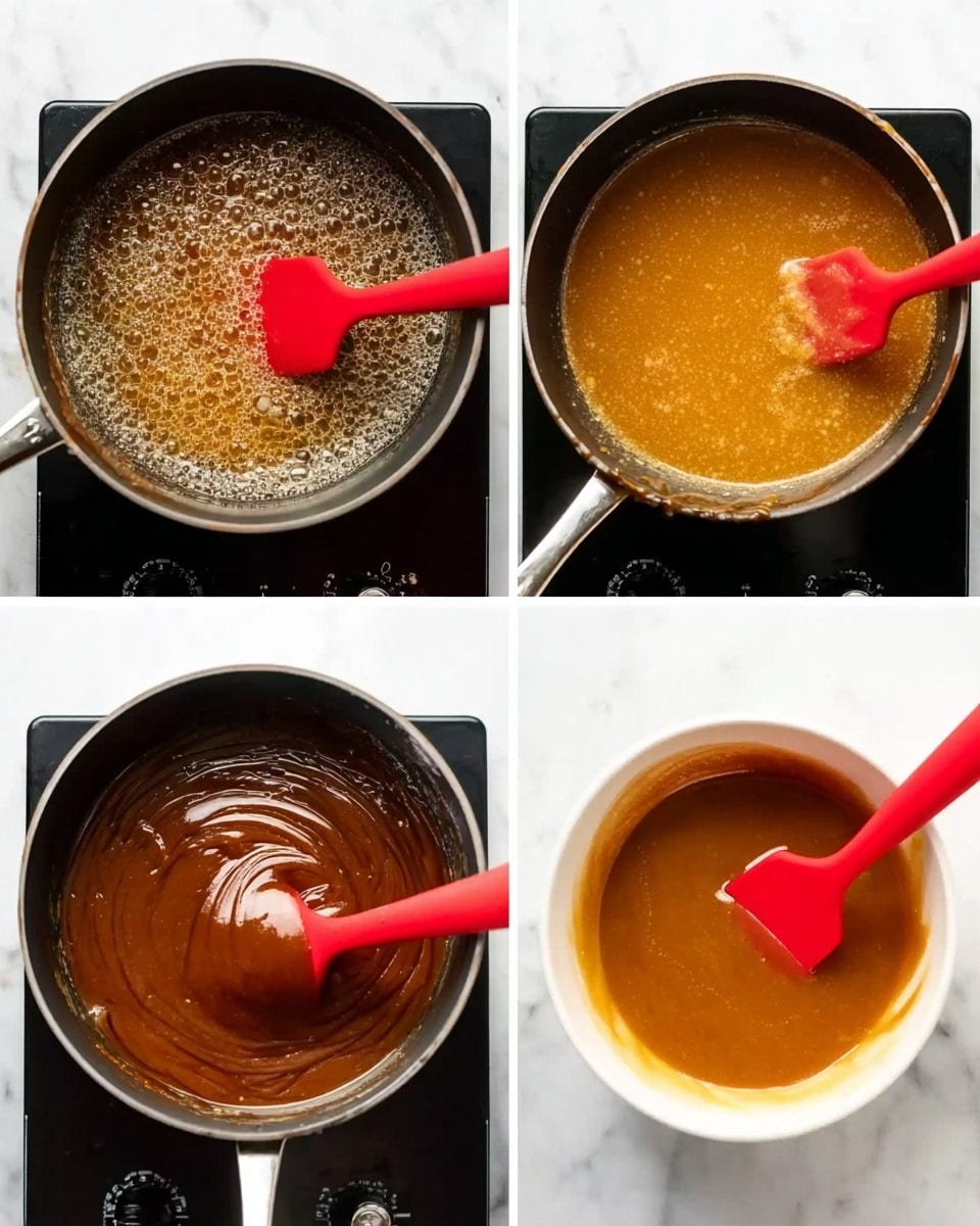 The image shows a four-step process of cooking a caramel sauce. The top left shows a black pot on a black stove with bubbling light amber liquid, a red spatula stirring it. The top right shows the same pot with a smoother, lighter golden liquid as the red spatula stirs. The bottom left shows the pot again, now with a thick bubbling dark amber sauce on the stove, the red spatula stirring it. The bottom right shows the caramel thick and smooth in a white bowl on a white marbled surface, with the red spatula resting in it. photo taken with an iphone --ar 4:5 --v 7