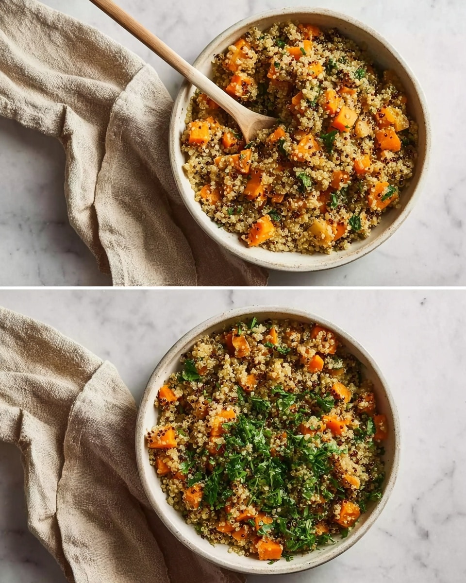 Two images of a white bowl with cooked quinoa and diced orange vegetables, possibly sweet potatoes. The first image shows the bowl filled with the quinoa and vegetables only, with a light wooden spoon inside. The second image shows the same bowl but now with fresh green herbs scattered on top, adding a bright color contrast. Both bowls sit on a white marbled surface with a folded beige towel beside them. Photo taken with an iphone --ar 4:5 --v 7