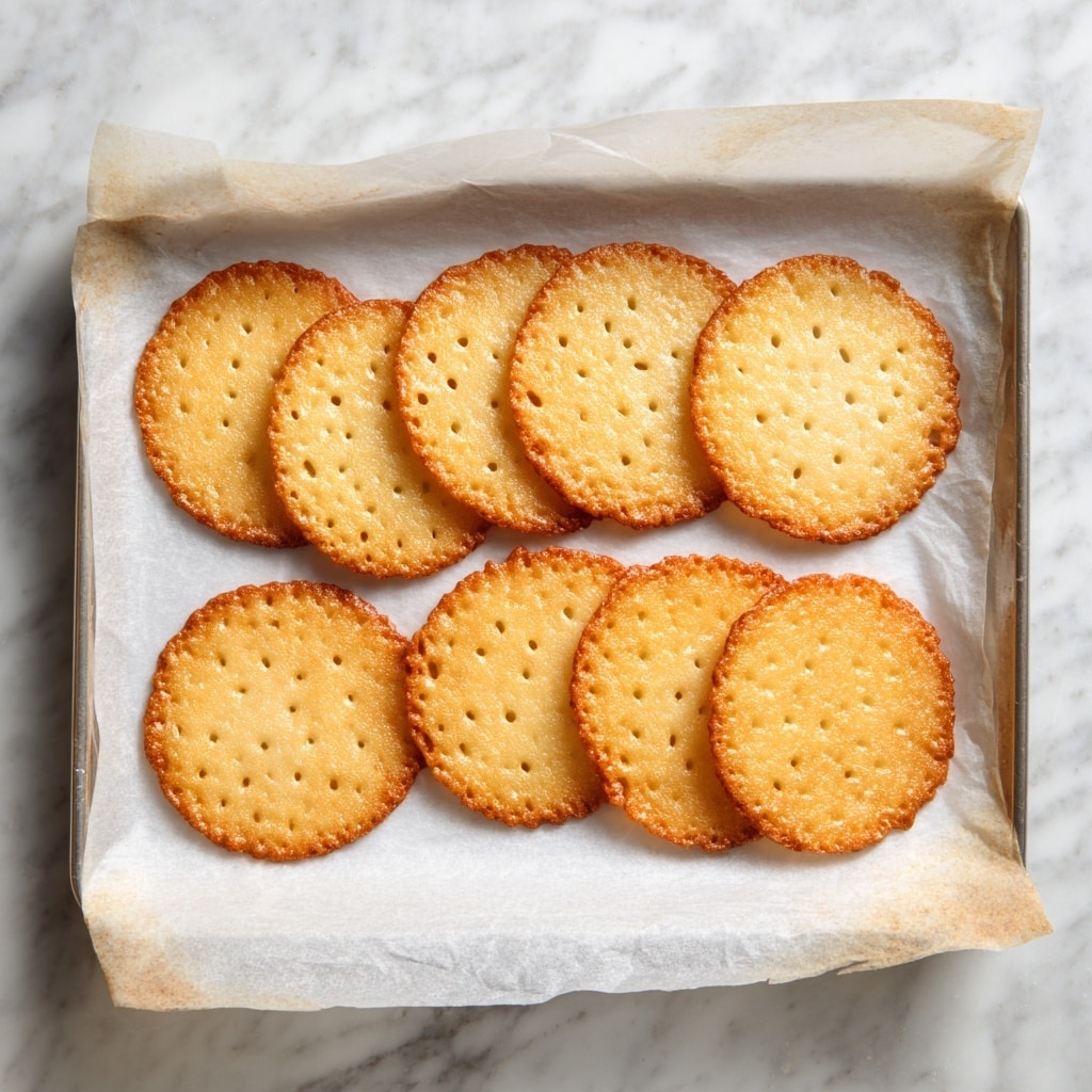 Eight thin, round, golden-brown crispy cookies with a slightly lacy texture and small holes are evenly spaced on a sheet of white parchment paper. The parchment paper covers a silver baking tray with a few light brown stains from use. The edges of the cookies are uneven, showing their homemade shape. The background beneath the tray is a white marbled surface. photo taken with an iphone --ar 4:5 --v 7
