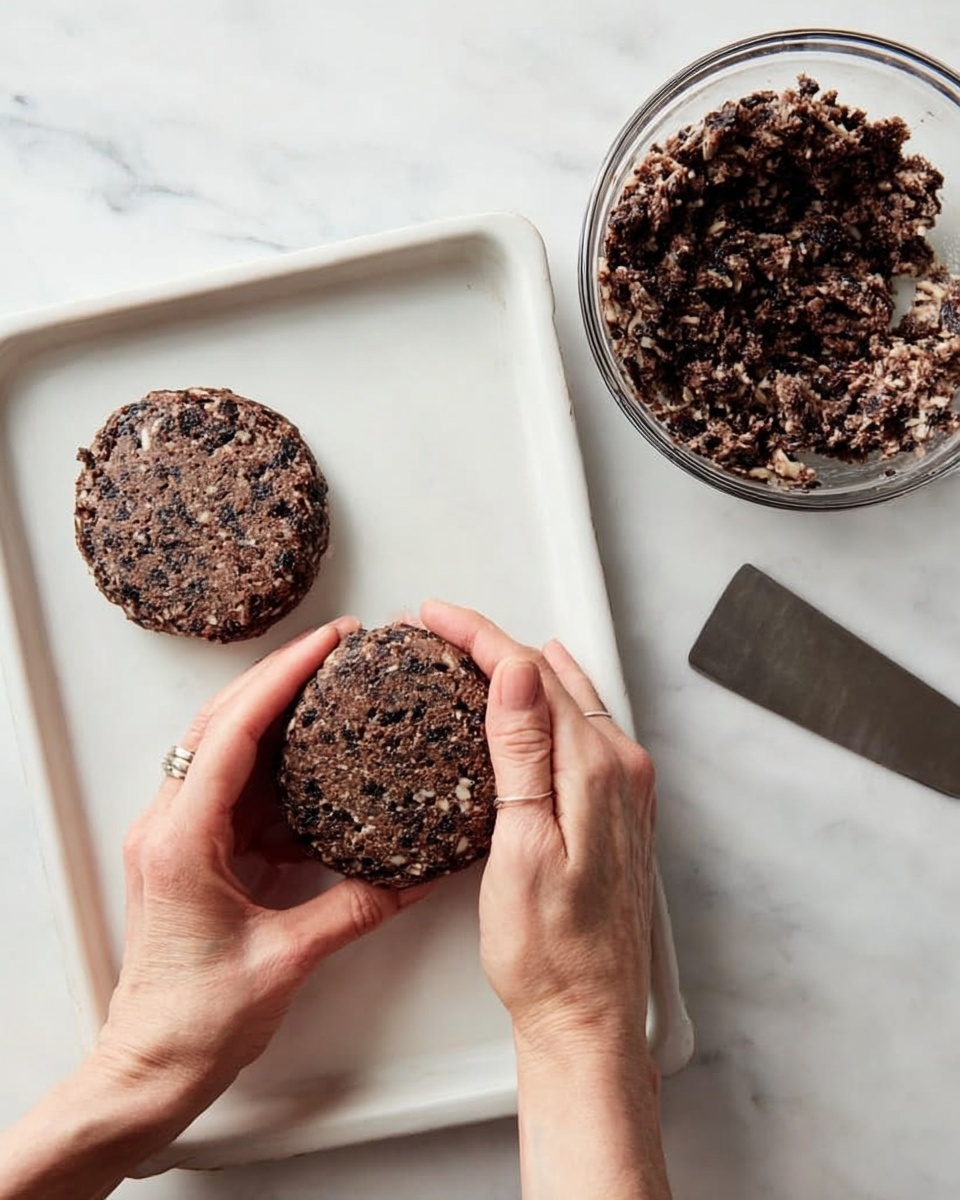 A woman’s hand is shaping a dark brown dough patty mixed with visible small black and lighter brown bits. Another woman’s hand supports and presses the patty from the side. There are two similar dark brown patties placed on a white tray with a slightly raised edge, sitting on a white marbled surface. To the right, a clear glass bowl filled with the same dough mixture shows chunks and bits of ingredients. A silver flat spatula rests on the white marbled surface near the tray. Photo taken with an iphone --ar 4:5 --v 7