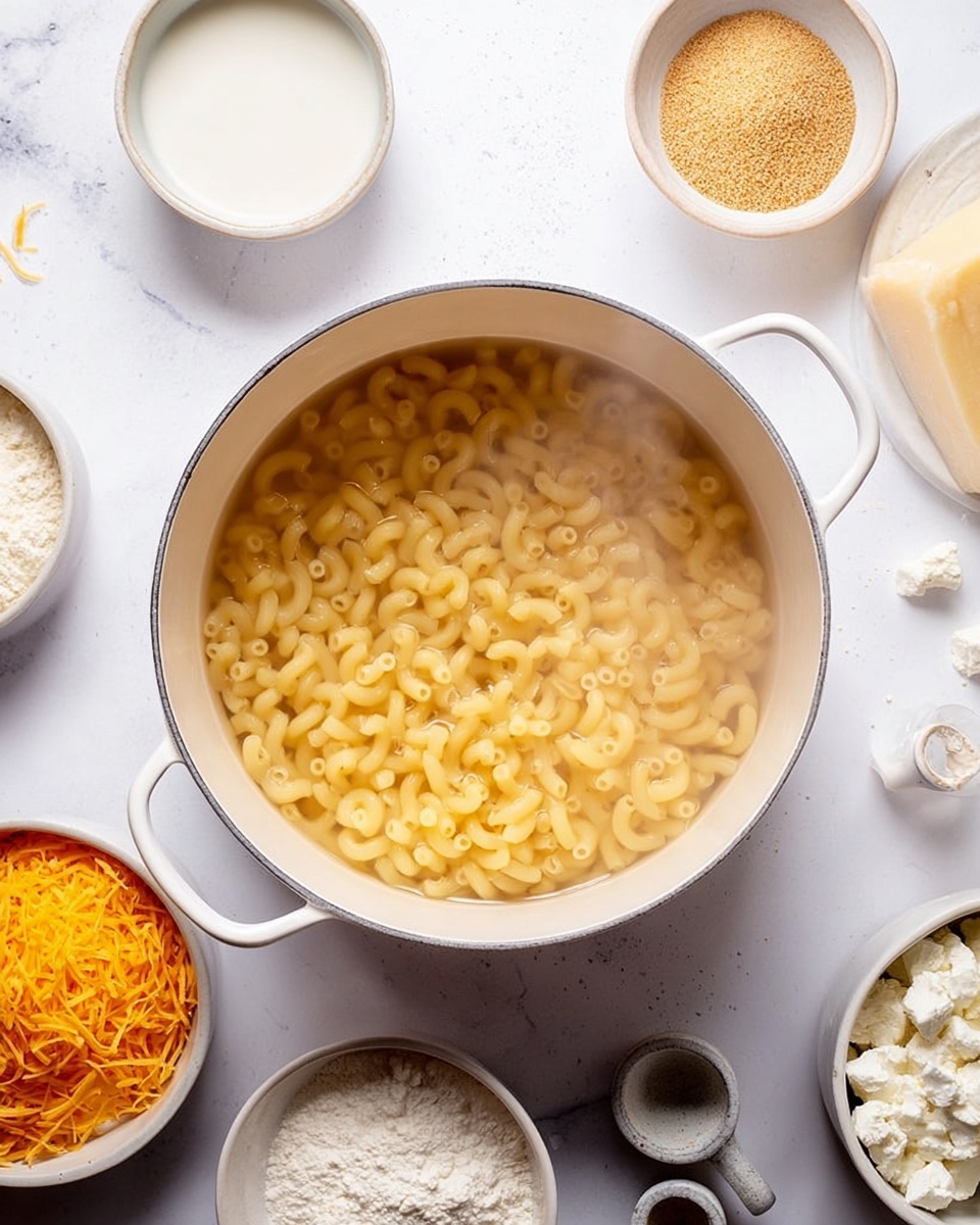 A top view of a white pot filled with elbow macaroni pasta cooking in water, centered on a white marbled surface. Around the pot, there are small white bowls containing various ingredients: shredded orange cheese in the bottom left, a creamy white liquid in a bowl next to it, finely grated light brown topping in a small bowl in the top left, white flour in a bowl in the top right, and a bowl with soft white cottage cheese on the right side. Also, there are two small stone containers with spoons near the bottom right. The scene has a clean, bright look with light steam rising from the pasta. Photo taken with an iphone --ar 4:5 --v 7