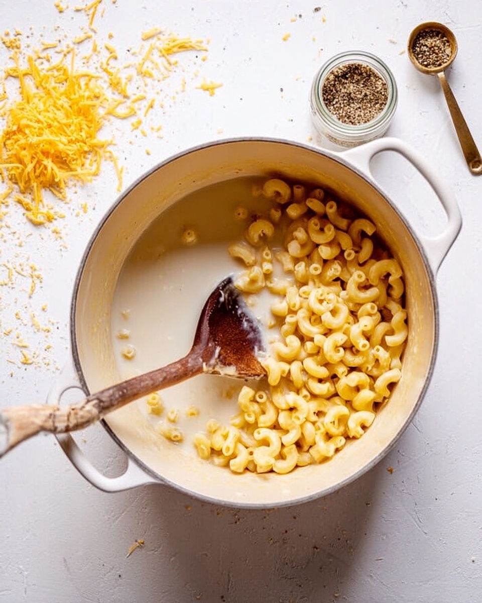 A white pot with two handles contains yellow elbow macaroni placed over a smooth, creamy white cheese sauce. There is a wooden spoon with a shiny dark brown handle dipped into the sauce, resting on the macaroni. On the white marbled surface around the pot, there are small scattered bits of shredded yellow cheese on the top left side, and two small round jars with spoons holding black and white seasonings on the right side. The scene is softly lit and organized simply. photo taken with an iphone --ar 4:5 --v 7
