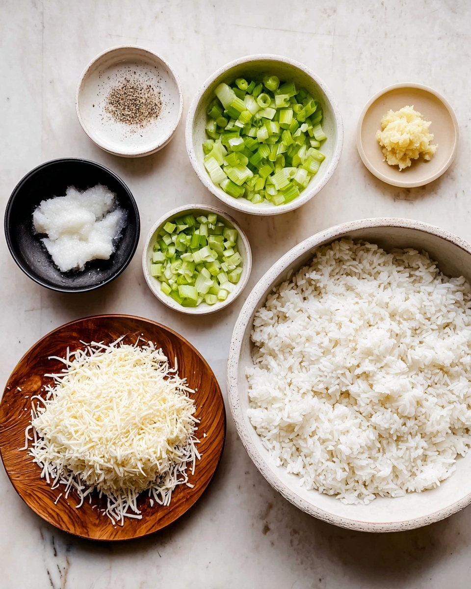 The image shows five small bowls arranged on a white marbled surface. On the right side, there is a large white bowl filled with cooked white rice, fluffy and spread evenly. To the left, a small black bowl holds a white creamy ingredient with a soft texture, possibly coconut oil. Next to it is a wooden plate containing a mound of shredded white cheese, sprinkled lightly with black pepper. Two small white bowls above contain diced vegetables; one has light green diced celery, and the other has darker green chopped scallions. Above these bowls, there is a small beige plate with a dollop of grated pale yellow ginger. Photo taken with an iphone --ar 4:5 --v 7