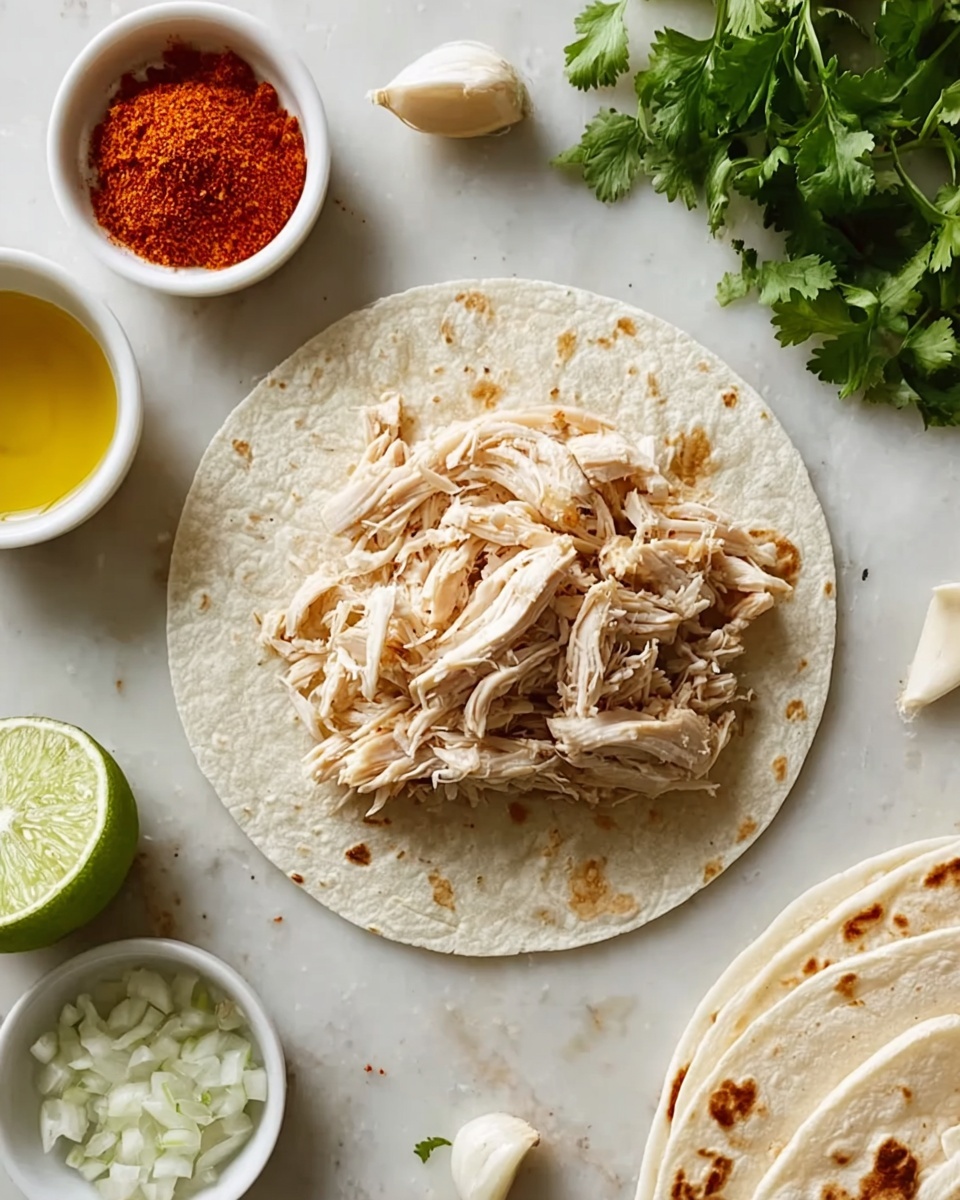 A single round white tortilla is placed flat on a white marbled surface, topped with a loose pile of shredded light beige cooked chicken in the center. Above and around the tortilla are three small white bowls: one with bright orange-red chili powder, one with golden olive oil, and one with finely chopped white onions. To the left, there is a cut lime half showing its green inside, a clove of garlic, and fresh dark green cilantro leaves scattered nearby. On the bottom right corner, there is a stack of white tortillas with brown toasted spots, partially visible. Photo taken with an iphone --ar 4:5 --v 7