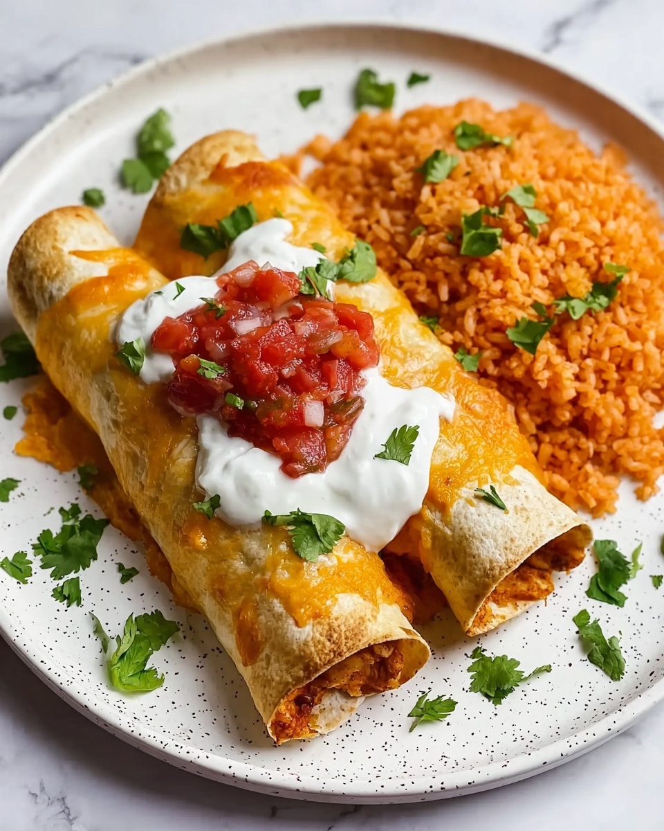 The image shows a white speckled plate on a white marbled surface holding two rolled enchiladas placed side by side. Each enchilada has a golden-brown toasted tortilla exterior, topped with a layer of melted orange cheese. On top of the cheese are two dollops: one of chunky red salsa with visible bits of tomato and onion, and beside it, a smooth, thick white layer of sour cream. Green cilantro leaves are sprinkled over the enchiladas and scattered around the plate. To the right side of the enchiladas, there is a neat mound of orange Mexican rice with a fluffy and slightly grainy texture, garnished with small cilantro pieces. The whole dish looks warm, vibrant, and inviting, photo taken with an iphone --ar 4:5 --v 7
