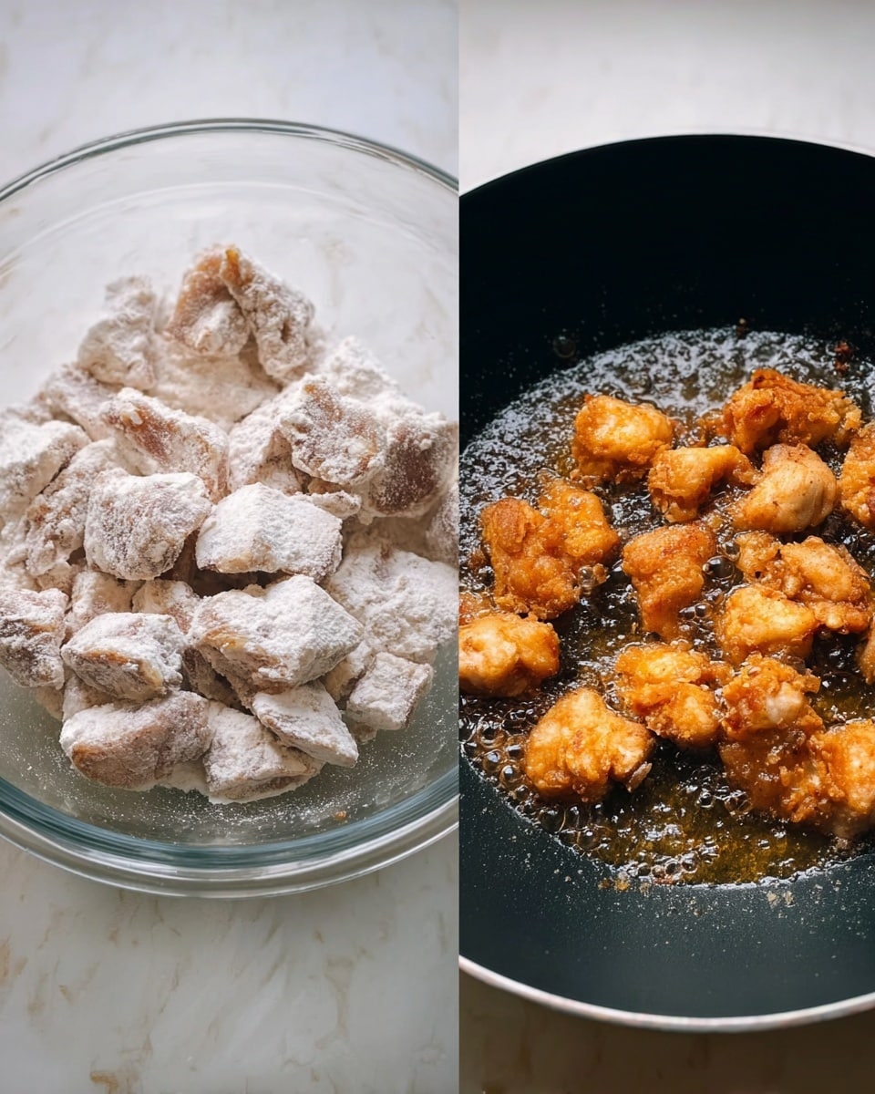 A clear glass bowl filled with small pieces of raw chicken coated in white flour, showing a dusty, powdery texture evenly covering the chicken pieces. Next to it, a black wok contains several pieces of golden-brown fried chicken sizzling in oil, with some oil bubbles visible around the edges. The lighting highlights the crisp, uneven surface texture of the fried chicken pieces. Both images have a white marbled background. Photo taken with an iphone --ar 4:5 --v 7