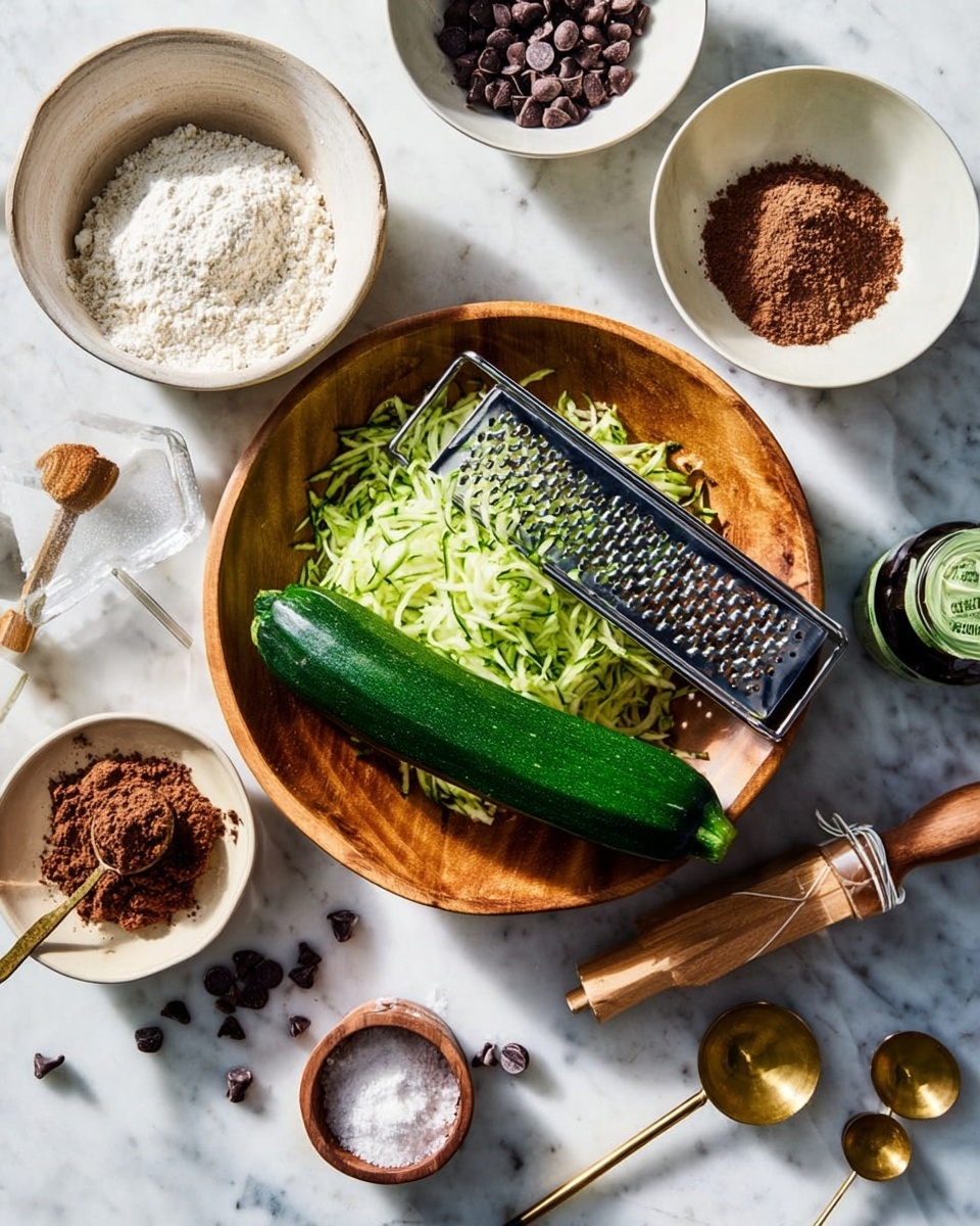 The image shows a wooden bowl in the center with green shredded zucchini and a half-grated zucchini placed on a metal grater on top of it, along with a whole zucchini lying inside the bowl. Surrounding the bowl are several smaller white bowls, each containing different baking ingredients: a bowl with white flour and a wooden spoon, a bowl with cocoa powder, a bowl with light brown sugar with a golden measuring spoon resting beside it, and a bowl with granulated white sugar and a small wooden scoop. A bottle of vanilla extract and measuring spoons are placed near the bowls. On the white marbled surface are scattered chocolate chips and a clear glass. The light is bright and natural, creating a clean and fresh cooking setup photo taken with an iphone --ar 4:5 --v 7