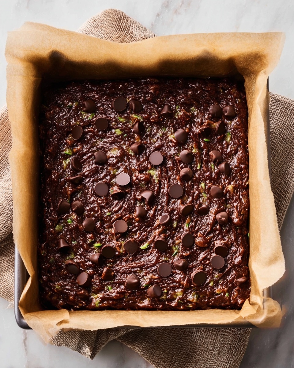 A square baking pan lined with light brown parchment paper holds thick, dark brown chocolate batter mixed with small green bits, likely zucchini, with numerous large, dark chocolate chips scattered evenly across the surface. The batter has a rough, textured look with visible ridges and swirls. The pan rests on a light brown textured cloth, all set on a white marbled surface. photo taken with an iphone --ar 4:5 --v 7