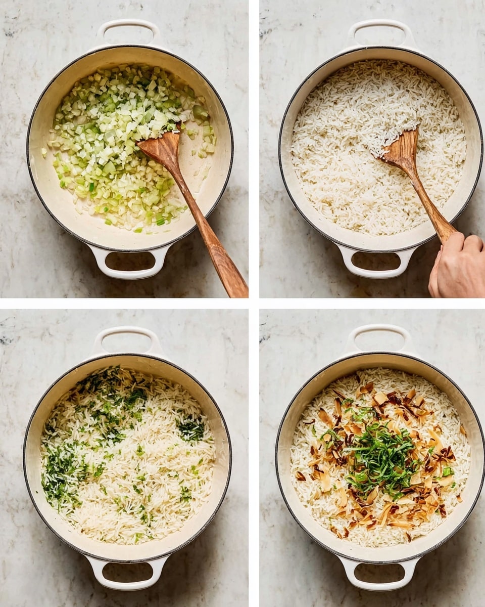 The image shows four stages of cooking rice shown from above on a white marbled surface. In the top-left, a white pot holds light green chopped onions and garlic being stirred with a wooden spatula by a woman's hand. The top-right shows the same white pot filled with white uncooked rice. The bottom-left displays the pot again, with chopped green herbs mixed into the white rice, while the wooden spatula stirs the mixture. The bottom-right shows a white bowl with cooked rice topped with browned thin slices, possibly nuts or toasted elements, garnished with fresh green herbs. The textures change from raw chopped vegetables and rice to cooked rice with a crunchy garnish. Photo taken with an iphone --ar 4:5 --v 7