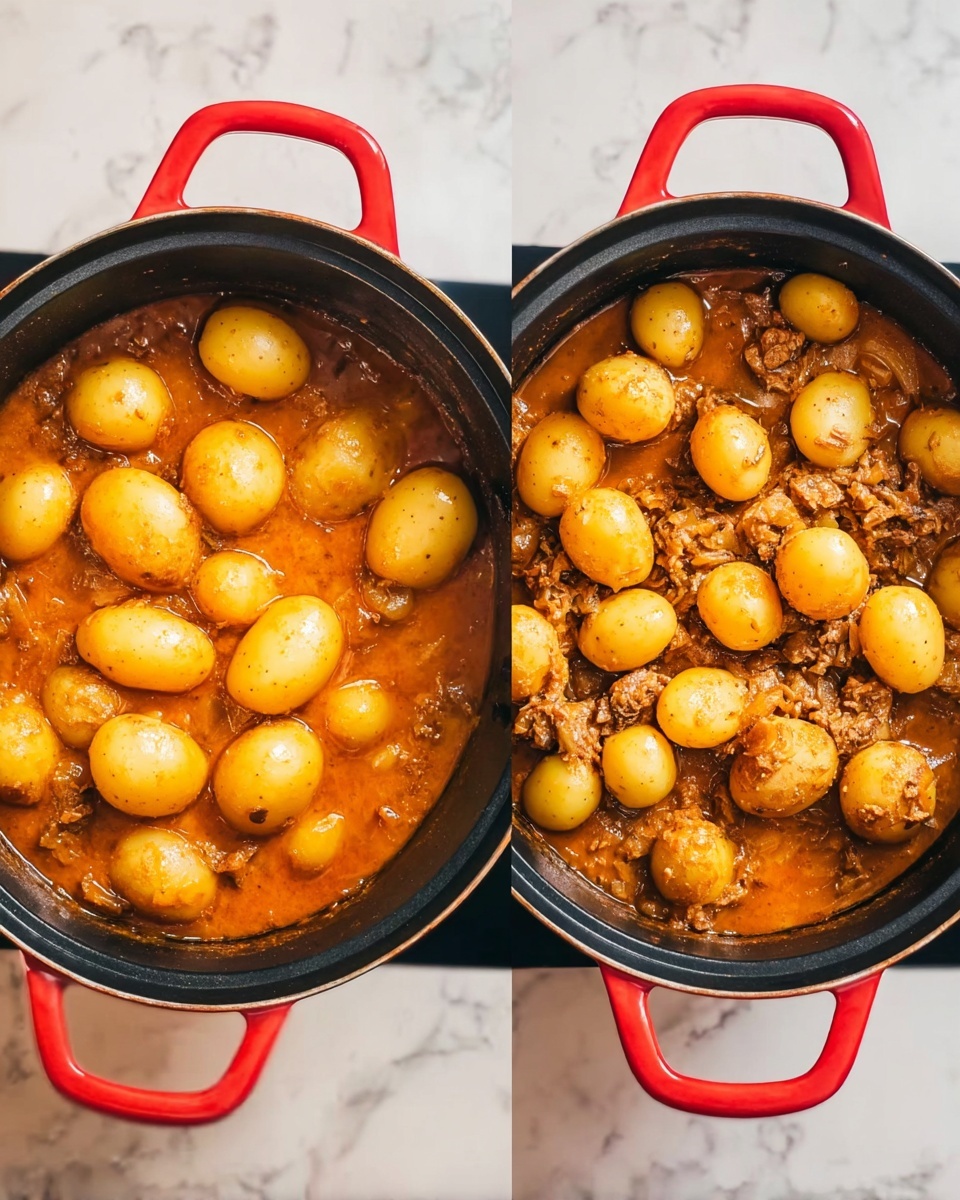 The image shows two black pots with red handles on a white marbled surface. Each pot is filled with a stew made from small yellow-round potatoes layered on top of minced brown meat, all covered partially by a thick orange-brown sauce. The left pot has a noticeable heap of whole and halved potatoes sitting on top of the meat, while the right pot has the potatoes more evenly spread throughout the stew, with the meat more visible between them. The texture of the sauce looks smooth and slightly shiny, surrounding the chunky ingredients. Photo taken with an iphone --ar 4:5 --v 7