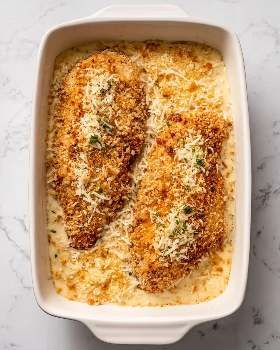 A white rectangular baking dish filled with two large, golden-brown breaded pieces of chicken laid side by side on a thick layer of light beige creamy sauce mixed with cheese that also covers the bottom of the dish. The chicken pieces have a crispy texture with some melted white cheese sprinkled on top. The surface around the chicken is topped with golden, slightly toasted breadcrumbs and scattered melted cheese giving a crunchy and creamy look. The dish is placed on a white marbled surface. photo taken with an iphone --ar 4:5 --v 7