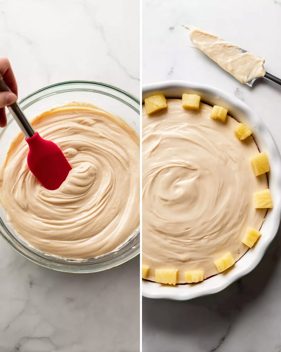 The image shows two views of creamy batter with a smooth, pale beige color and soft texture. On the left, a woman's hand holds a spatula with a red silicone head mixing the batter in a clear bowl, giving a thick and swirled look. On the right, the same pale beige batter is spread evenly in a round, white glass pie dish. Small yellow pineapple chunks are placed evenly around the edge of the batter inside the dish. The spatula with some batter on it lies next to the dish on a white marbled surface. photo taken with an iphone --ar 4:5 --v 7