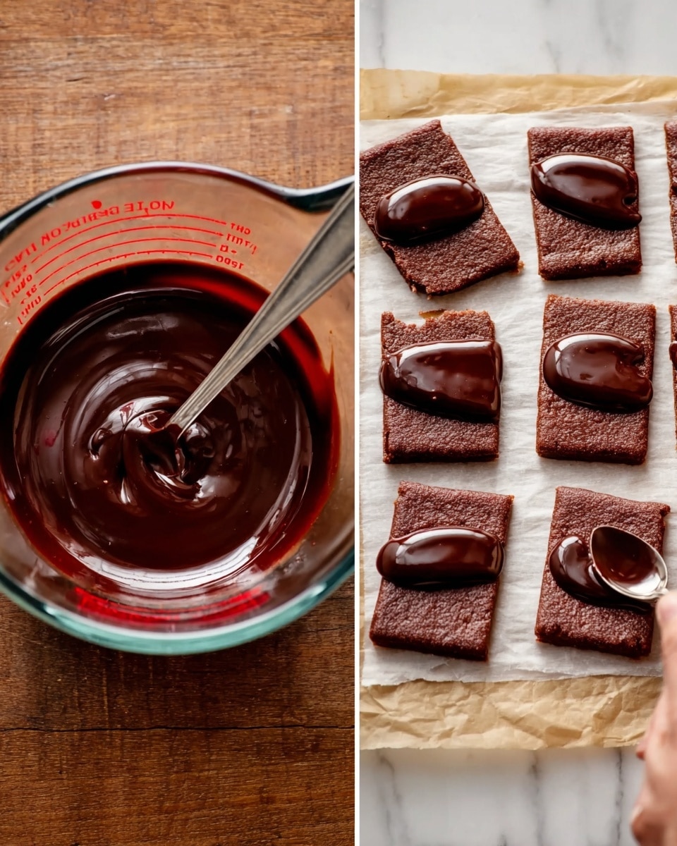 The image shows two side-by-side scenes: on the left, a clear glass measuring cup with red lettering is filled with thick, smooth dark chocolate sauce, with a spoon resting inside and stirring it; the measuring cup sits on a wooden surface. On the right, six rectangular pieces of brown dough are placed on parchment paper that is laid on a white marbled surface; five dough pieces have dark chocolate sauce dolloped on top, and one has a woman's hand holding a spoon, placing sauce on the dough. The chocolate sauce glistens with a shiny, smooth texture on all pieces. photo taken with an iphone --ar 4:5 --v 7