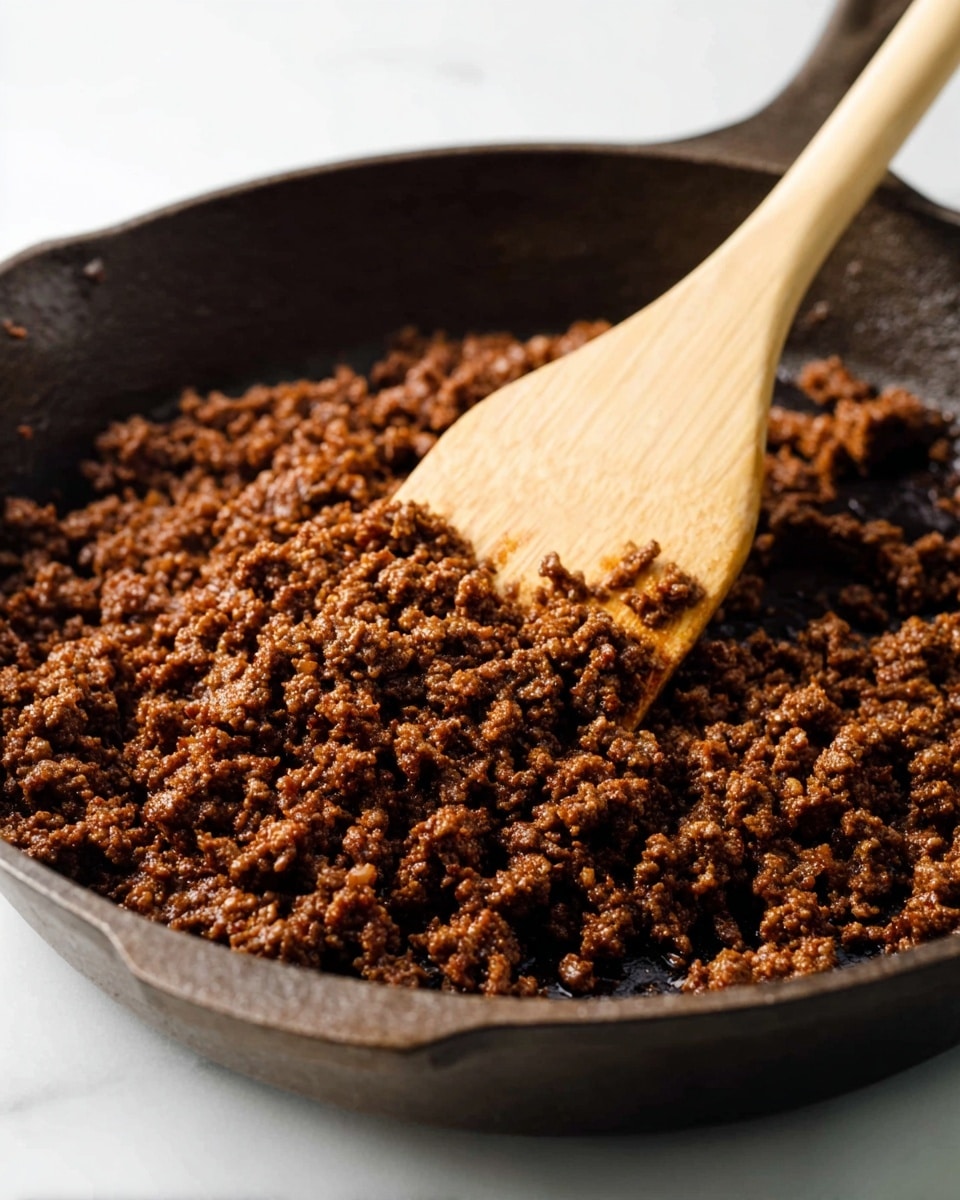 A close-up view of a dark brown cast iron pan filled with cooked ground meat that has a rich, slightly oily texture and a deep brown color. A wooden spatula with a smooth light beige handle is stirring the meat in the pan. The pan rests on a white marbled surface, and the background is simple and bright with natural lighting. The focus is on the finely crumbled meat with a slightly crispy appearance on some parts. Photo taken with an iphone --ar 4:5 --v 7
