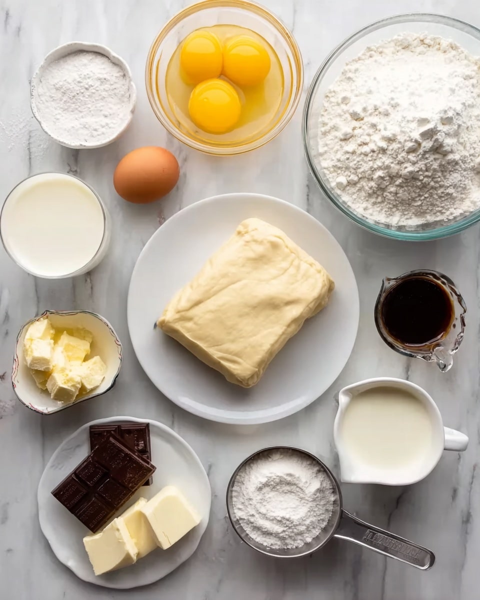 The image shows various baking ingredients placed neatly on a white marbled surface. There is a white plate with a block of pale dough in the center. Around it, there are separate glass containers holding rich yellow egg yolks, creamy white milk, and thick cream. A small white bowl contains white granulated sugar, and another holds a cube of light yellow butter. There is a pile of white powdered sugar on a white plate and dark chocolate pieces resting next to a glass jug of cream. A small white plate contains a dark liquid, likely vanilla extract, and a metal measuring cup filled with a dry ingredient. The arrangement is bright and clean with soft natural light. Photo taken with an iphone --ar 4:5 --v 7