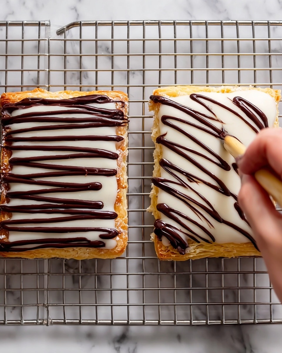 The image shows two square pastries on a metal cooling rack with a white marbled surface below. Each pastry has a golden-brown crust base, topped with a smooth white icing layer covering the whole top surface. The left pastry shows a woman's hand squeezing dark chocolate lines evenly spaced across the white icing from top to bottom. The right pastry displays another woman's hand using a wooden stick to drag through the chocolate lines, creating a feathered, wavy pattern across the white icing. The pastries have a light, flaky texture visible on the edges. Photo taken with an iphone --ar 4:5 --v 7