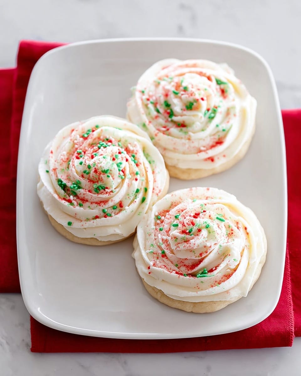 Three round cookies are placed on a white plate with smooth edges, resting on a white marbled surface with a red cloth underneath. Each cookie has a base layer of light tan dough. On top is a thick swirl of white frosting, piped in a rose-like pattern with soft ridges. The frosting is sprinkled with red and green sugar crystals, scattered evenly across each swirl, adding a festive touch. Photo taken with an iphone --ar 4:5 --v 7