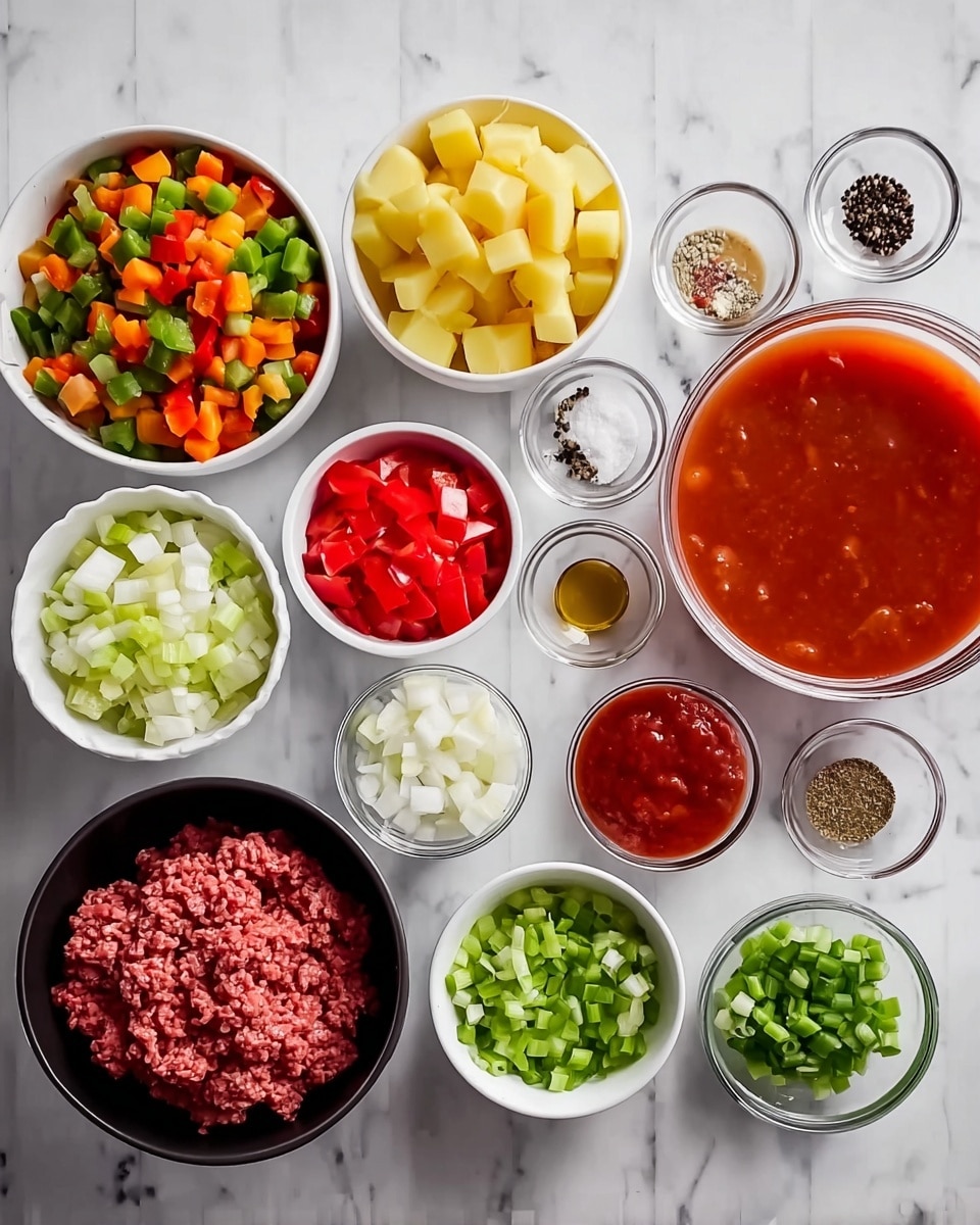 This image shows a top view of many small bowls and dishes with different cooking ingredients arranged neatly on a white marbled surface. On the left side, there are three bowls: one filled with mixed frozen vegetables with bright colors like orange, green, and yellow; below it, a bowl of cubed yellow potatoes; and next to that, a bowl with red diced tomatoes. Toward the center, smaller bowls hold finely chopped white onions, a thick red paste, small green chopped celery, and chopped green bell peppers. There are also three small clear bowls containing spices and seasonings, including black pepper and salt, as well as a small bowl with minced garlic. On the right side, there is a large clear bowl filled with a reddish broth and another white bowl with smooth red tomato sauce. Below these, there is a black bowl containing raw ground meat. All the bowls are round and white except the one with meat, and the ingredients display a variety of textures from smooth sauces to chunky vegetables. The photo taken with an iphone --ar 4:5 --v 7