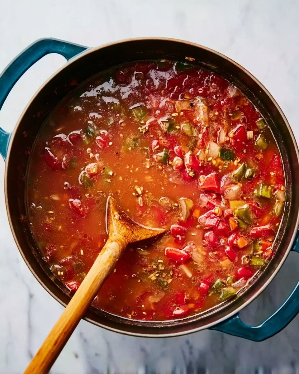 A black pot with blue handles holds a thick soup with visible chunks of red and green vegetables floating in a reddish broth. A wooden spoon stirs the soup from the left side with its handle resting near the pot’s edge. The pot sits on a white marbled surface. photo taken with an iphone --ar 4:5 --v 7
