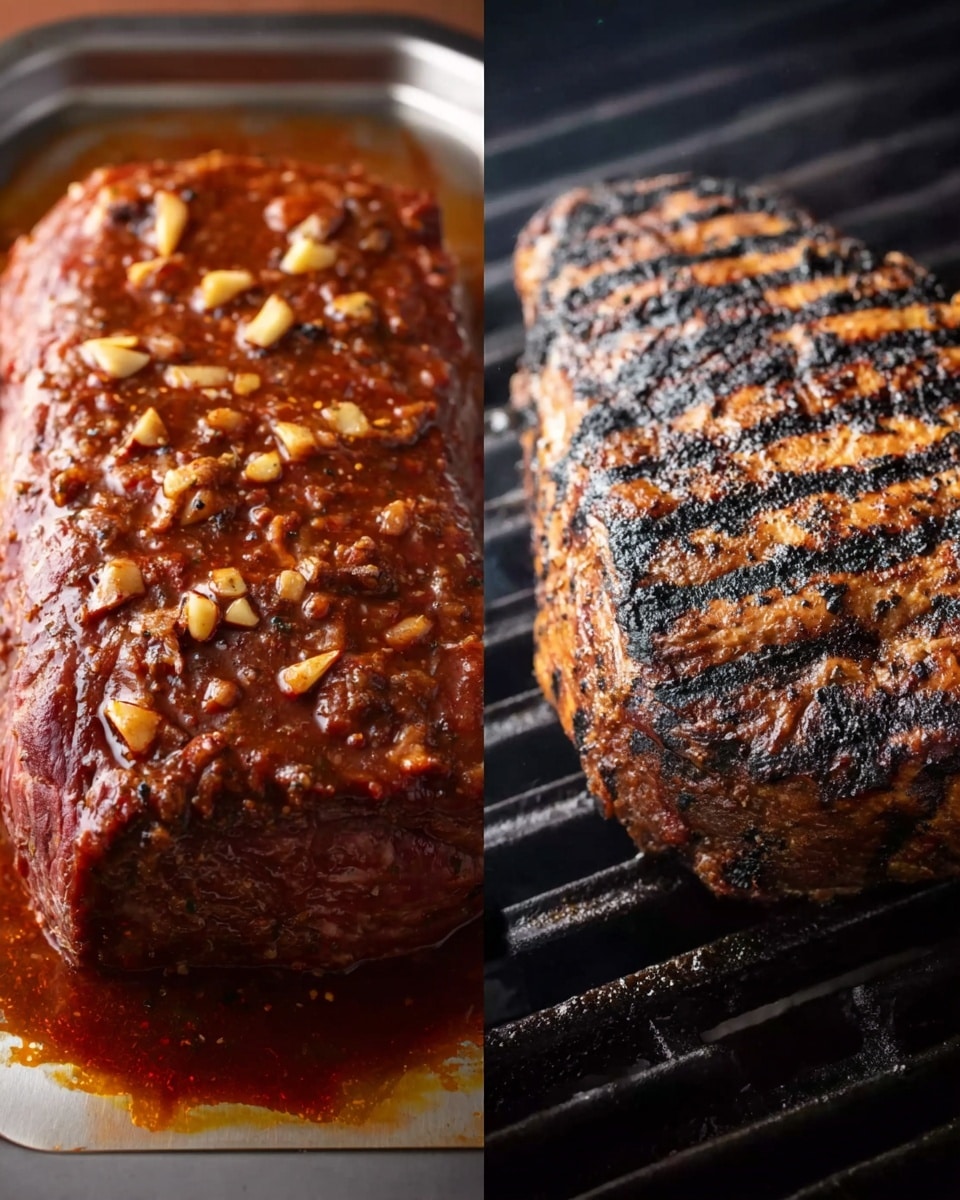 The image shows two stages of cooking a piece of meat, each on a different side. On the left side, the raw meat is covered with a thick coat of dark reddish-brown sauce that has small chunks of garlic on top. The meat sits on a smooth metal tray. On the right side, the same piece of meat is grilled with black char lines across its surface, showing a browned and slightly crispy texture with some darker spots. The background beneath the grill is dark, highlighting the cooked meat. Photo taken with an iphone --ar 4:5 --v 7