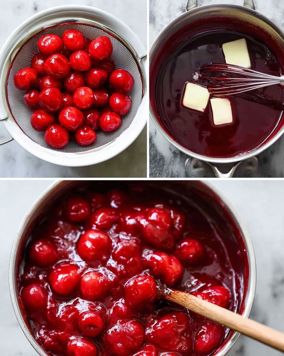 The image shows a three-step cherry sauce preparation process. The first part is a white bowl with deep red cherry liquid, inside which a smaller silver strainer contains whole bright red cherries, all against a white marbled surface. The second part shows a silver saucepan with thick dark red sauce inside, two small pats of butter melting on top with a whisk slowly mixing, again on the white marbled surface. The third and largest part of the image is a close-up of the glossy cherry sauce with whole cherries coated in the thick red sauce, stirred slightly with a wooden spoon. Photo taken with an iphone --ar 4:5 --v 7
